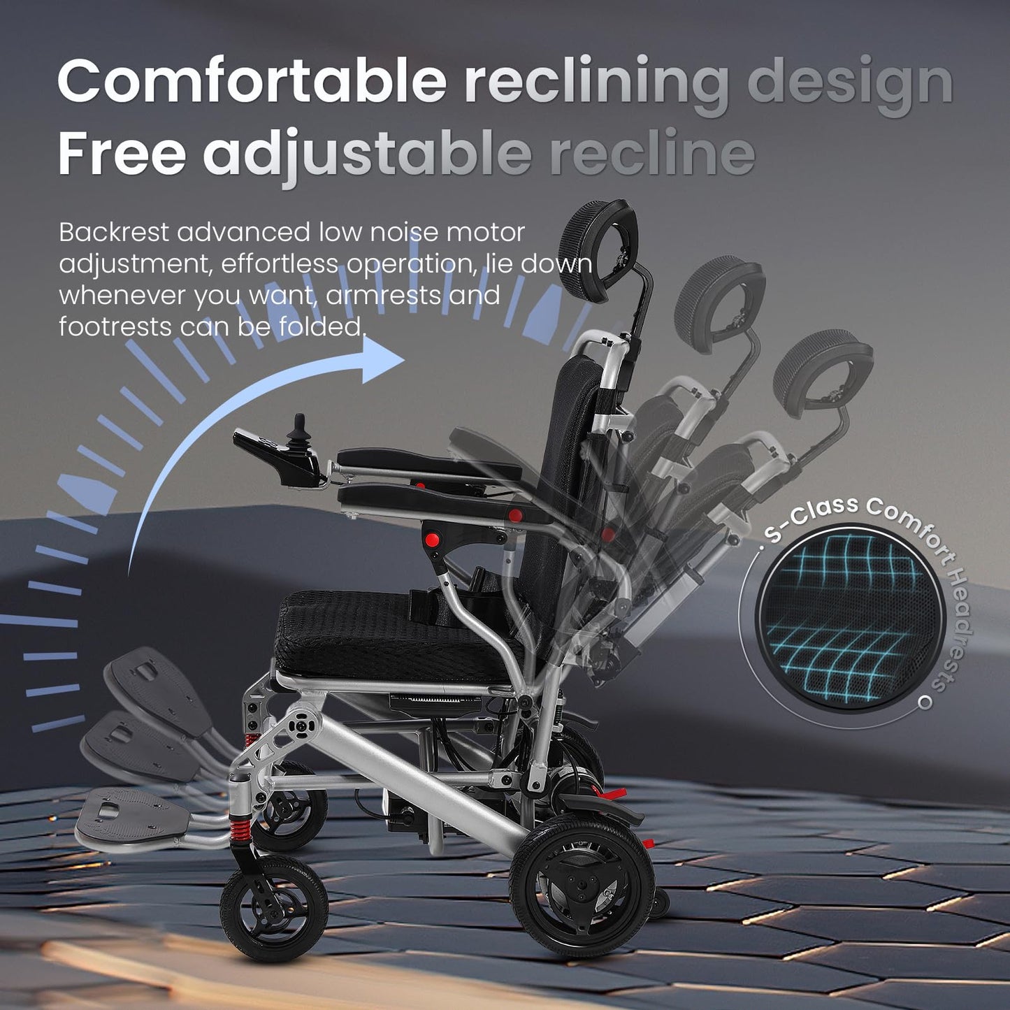 Reclining Electric Wheelchair for Adults, 30+ Miles Long Travel Range All Terrain Power Wheelchair with 2 Li-ion Battery, Lightweight Foldable Motorized Wheel Chair for Seniors, with Telescopic Handle