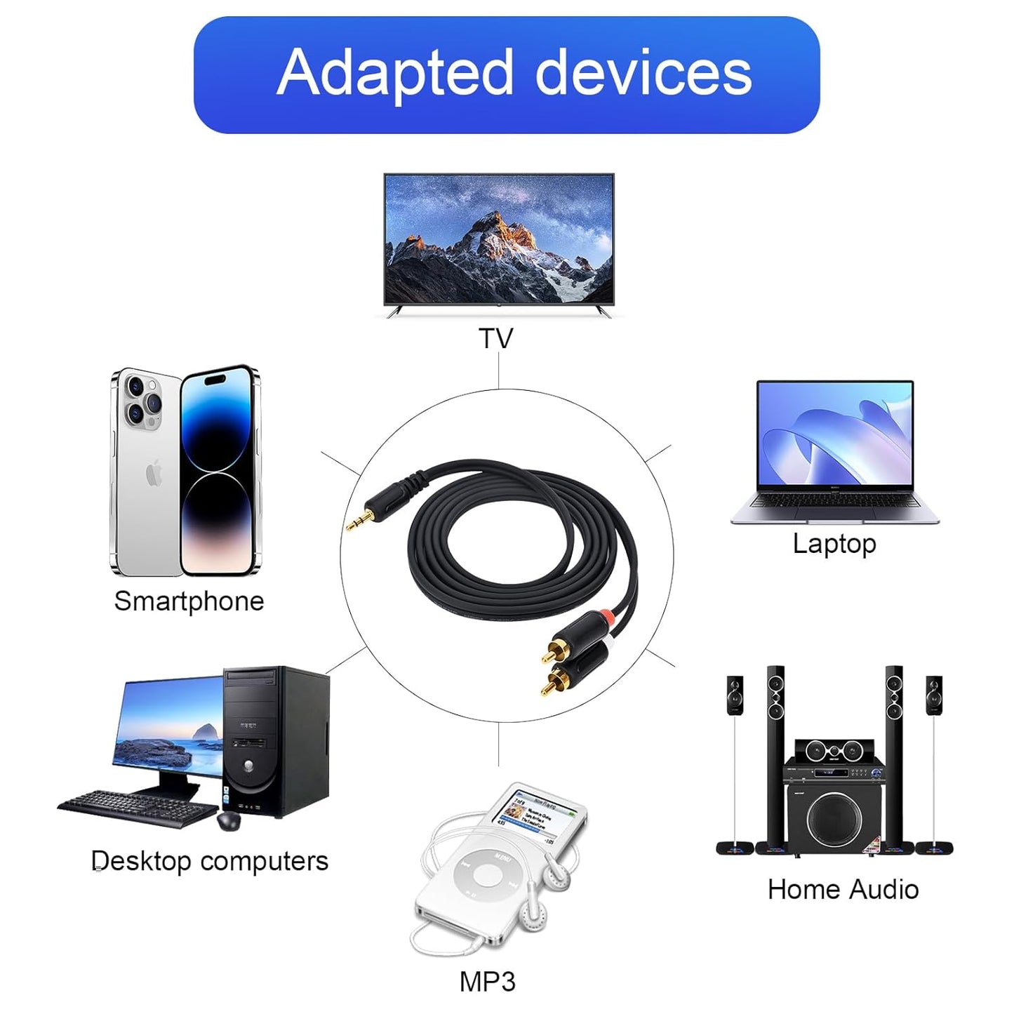 Zhaumim 59IN/5FT 2RCA RCA Cables - Stereo Jack to Plugs for Smartphone, Tablet, HDTV, DVD Player, Home Theater