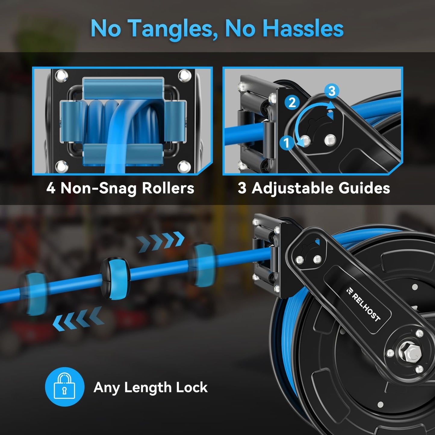 Retractable Air Hose Reel, 65ft x 3/8in Hybrid Air Hose (300PSI), Heavy Duty Compressor Hose Reel, Auto Rewind - Wall/Ceiling Mount for Workshops