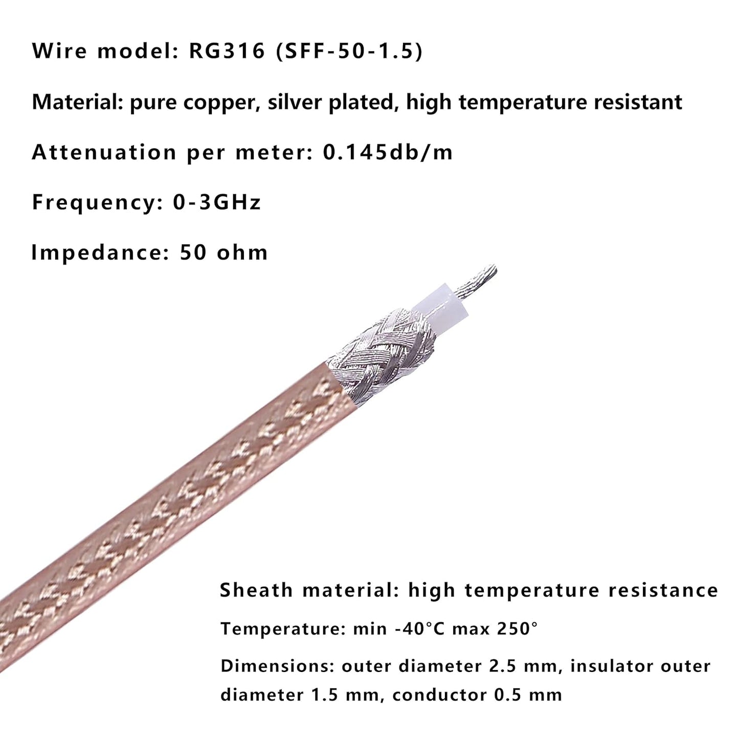 RG316 -0.8M/2.6FT 2PCS XMSJSIY BNC Pigtail Cable Bare Wire Coaxial Coax Antenna Open End Connector Adapter Extension