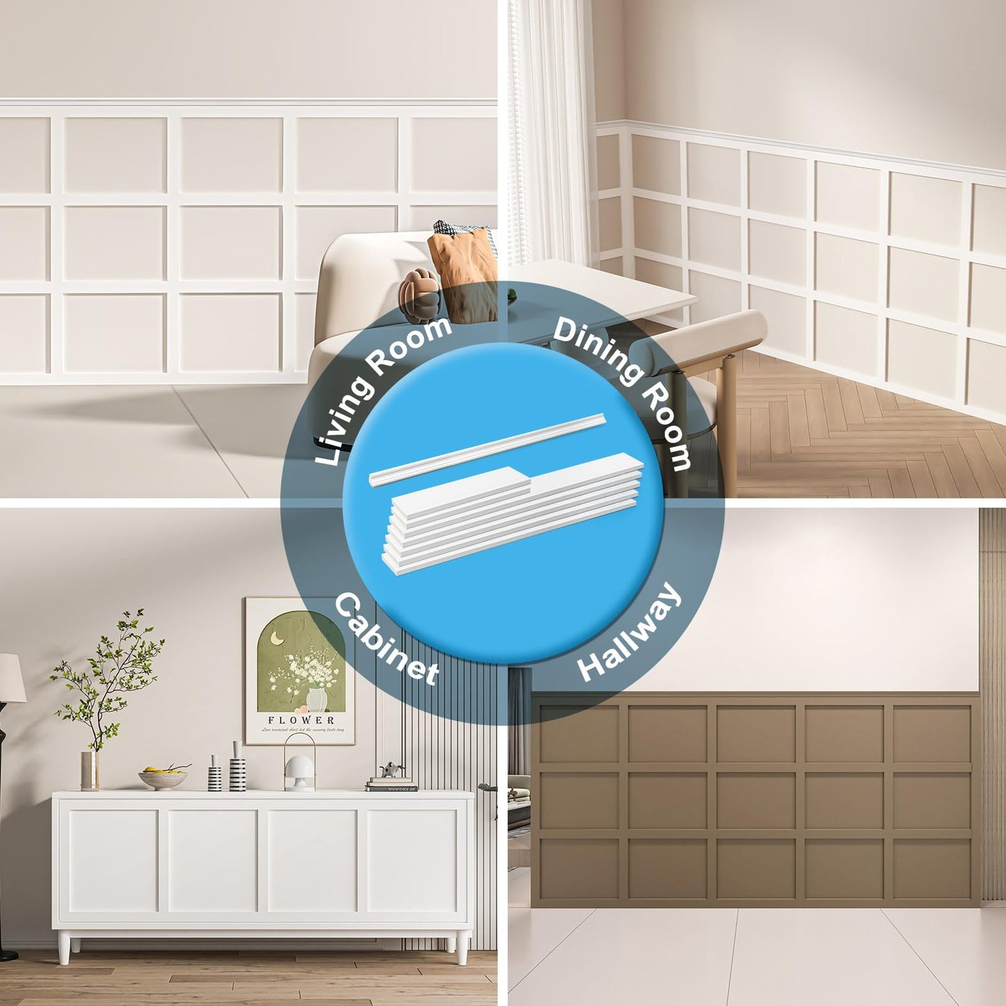 Art3d Precut Board and Batten Wainscoting Panel Kit Covers 10Ft. - Paintable Molding Trim Slat with Edge Strip, Ready to Assemble Accent Wall Decor for Living Room Dining Room Hallway, White