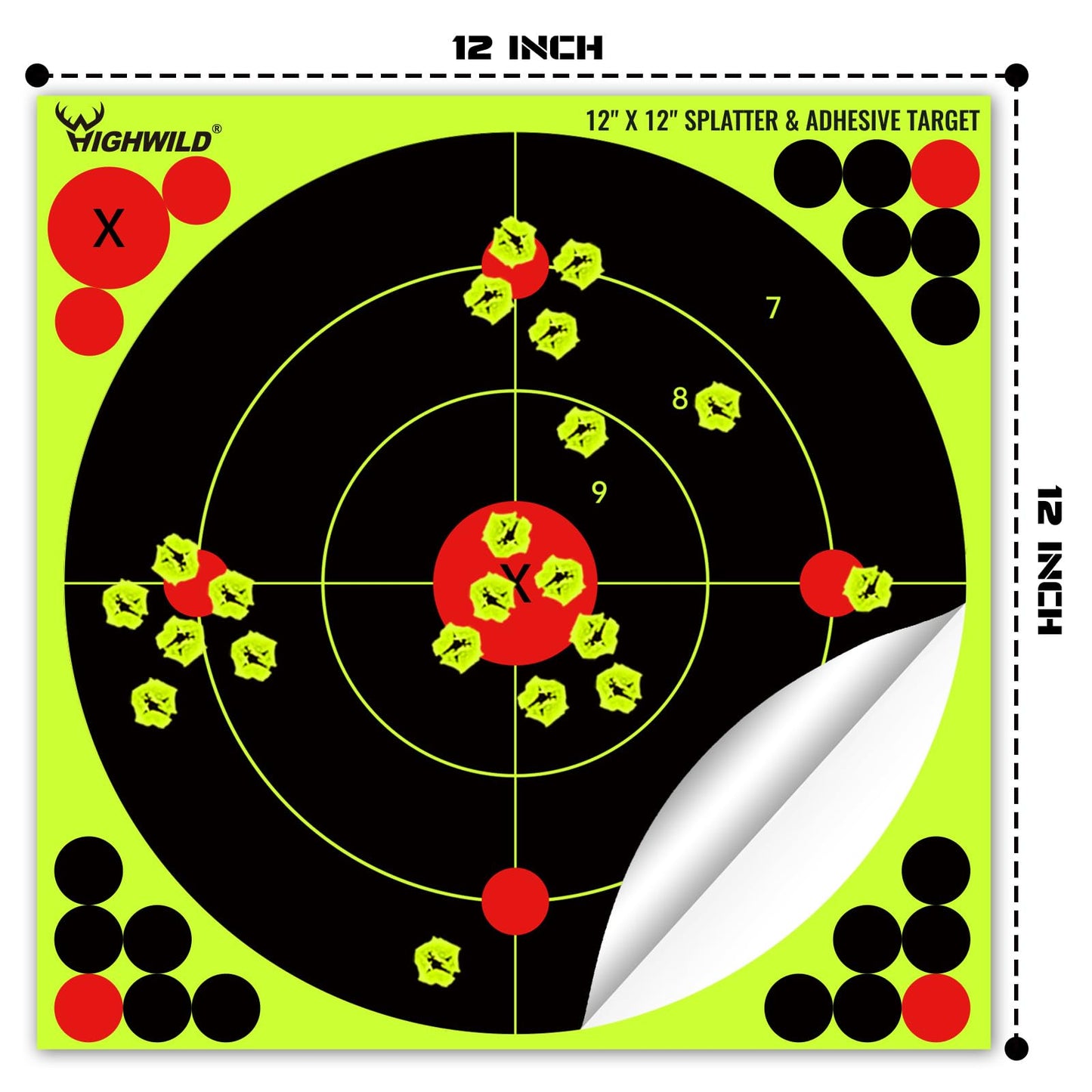 Highwild 12X12 Inch Splatter Adhesive Bullseye Fluorescent Yellow Shooting Target Stickers - Suitable for Handguns, Rifles, BB Guns, Airsoft, Pellet Guns - 10 Pack