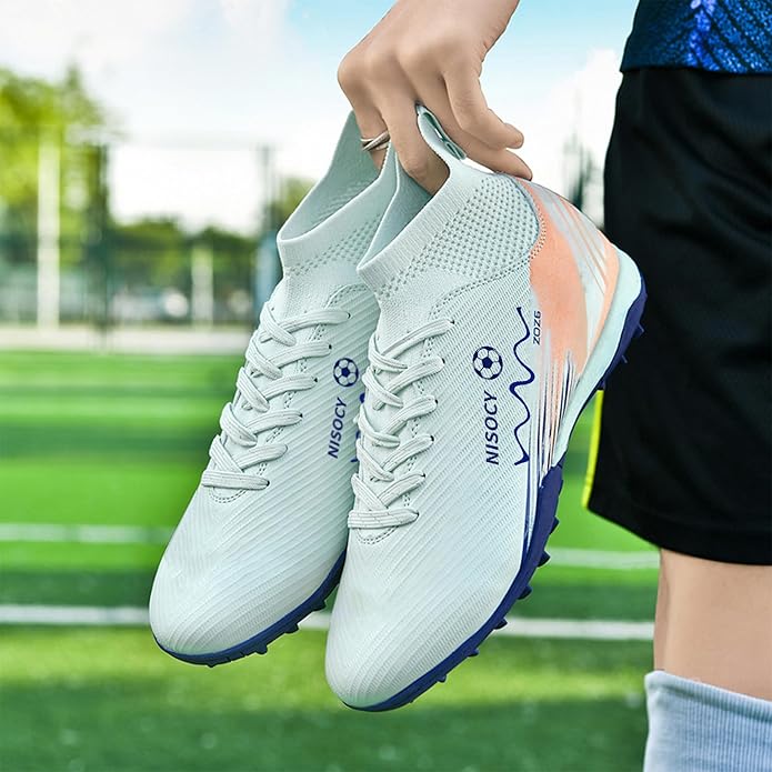 NISOCY Soccer Shoes for Mens Womens Professional Cleats High-Top Athletic Turf Football Shoe Outdoor/Indoor Professional Futsal Football Training Sneaker