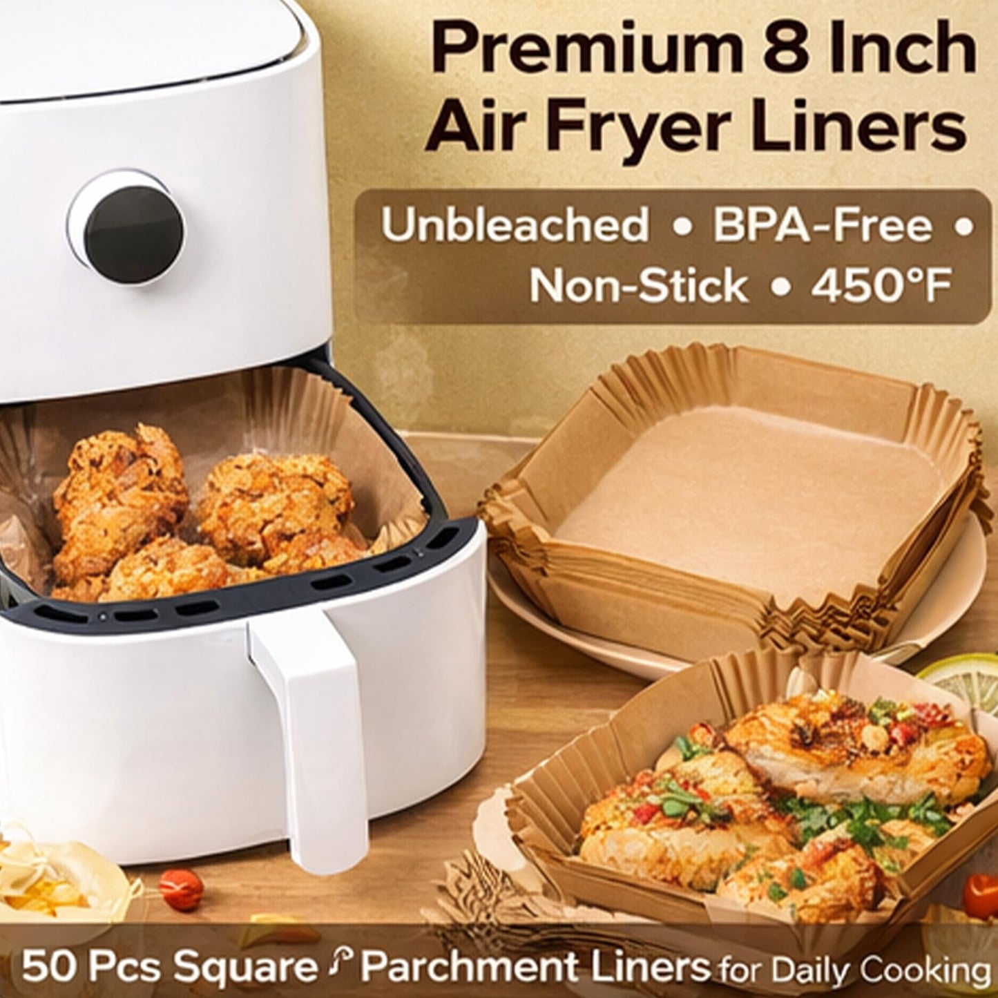 Air Fryer Paper Liners - 50PCS Square 8-inch Parchment Paper for 5-8QT Air Fryers, Non-Stick, Heat-Resistant to 450°F, Oil-Proof, Easy Cleanup, Food Safe