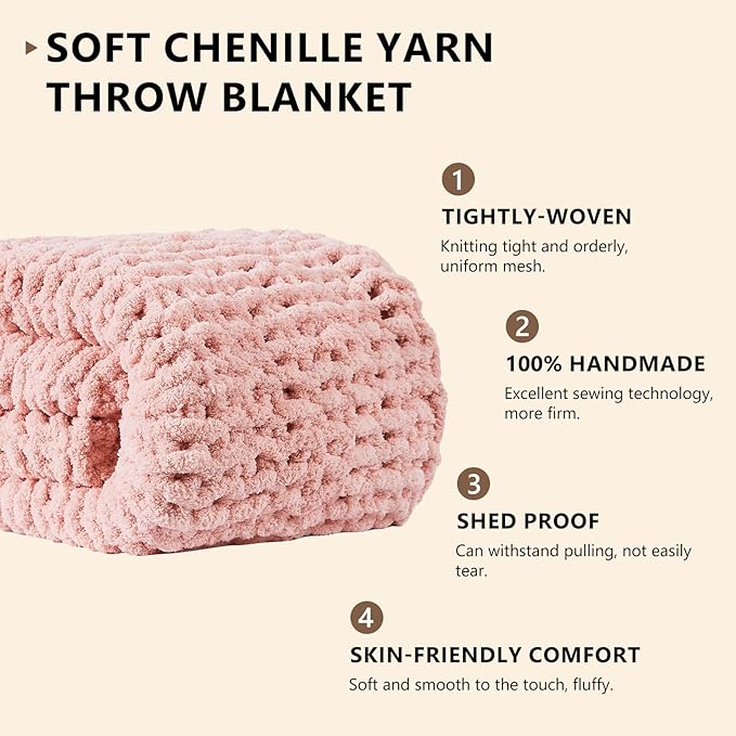 L'AGRATY Chunky Knit Chenille Blanket Throw - 50x60, Pink: Soft, Breathable, Machine Washable, Perfect for Bed, Couch, or Gift