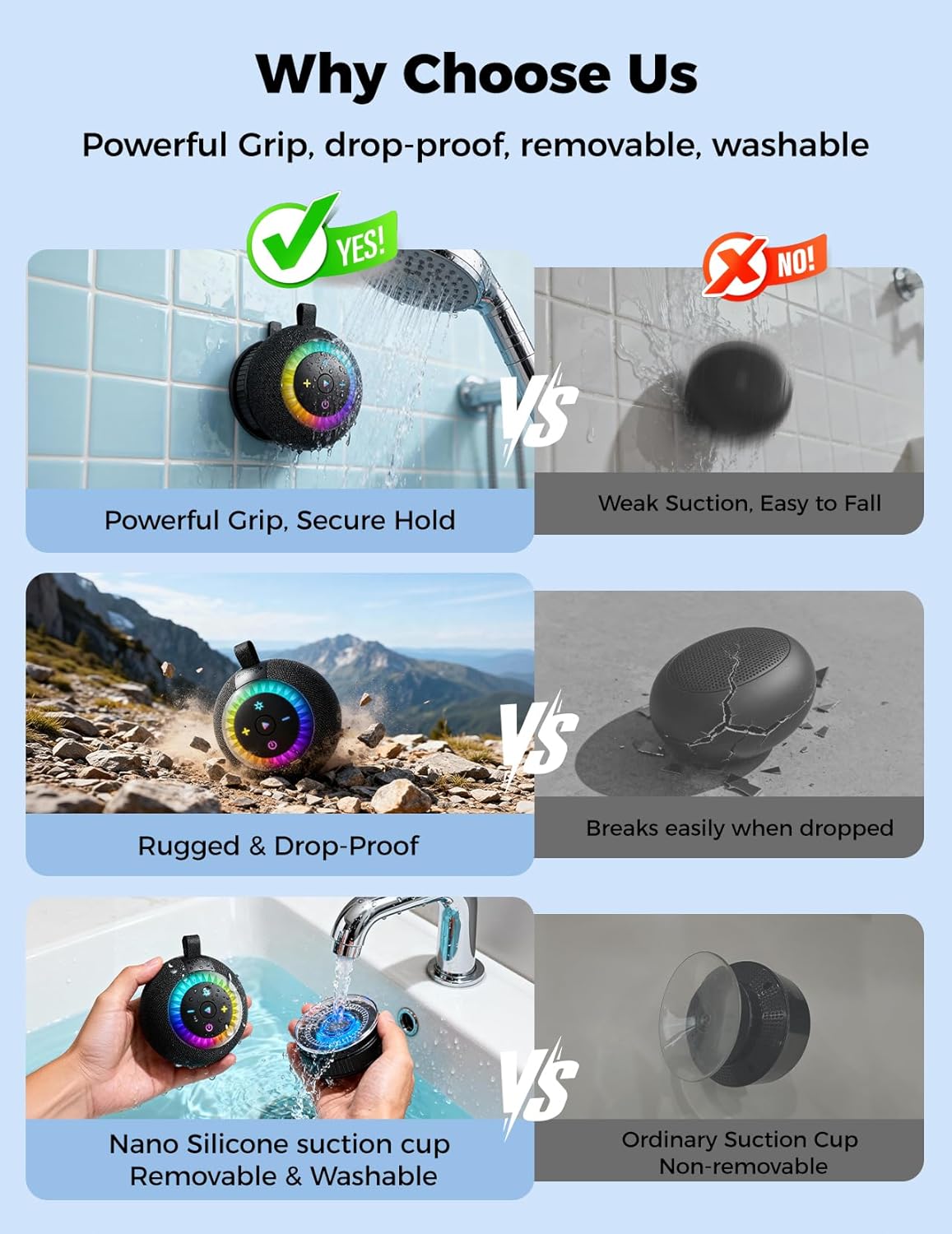 dbsono 360 IPX7 Shower Speaker Bluetooth Waterproof Portable: Surround Sound, Suction Cup Removable with Vacuum Exhaust