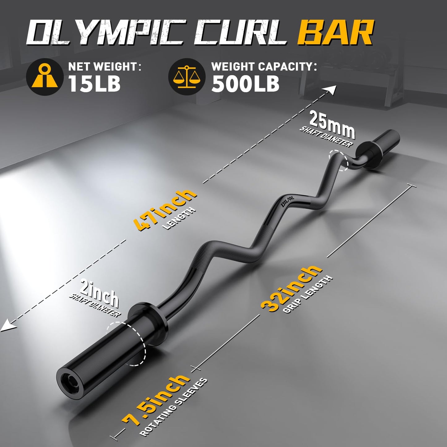 Olympic EZ Curl Barbell Bar, 47" Curl Bar for Weight Lifting, Home Gym Weight Bar- Strength Training,Squat,Hip Thrusts,Biceps, Chrome Curling for 2 Inch Plates -2 Spring Collars (Black)