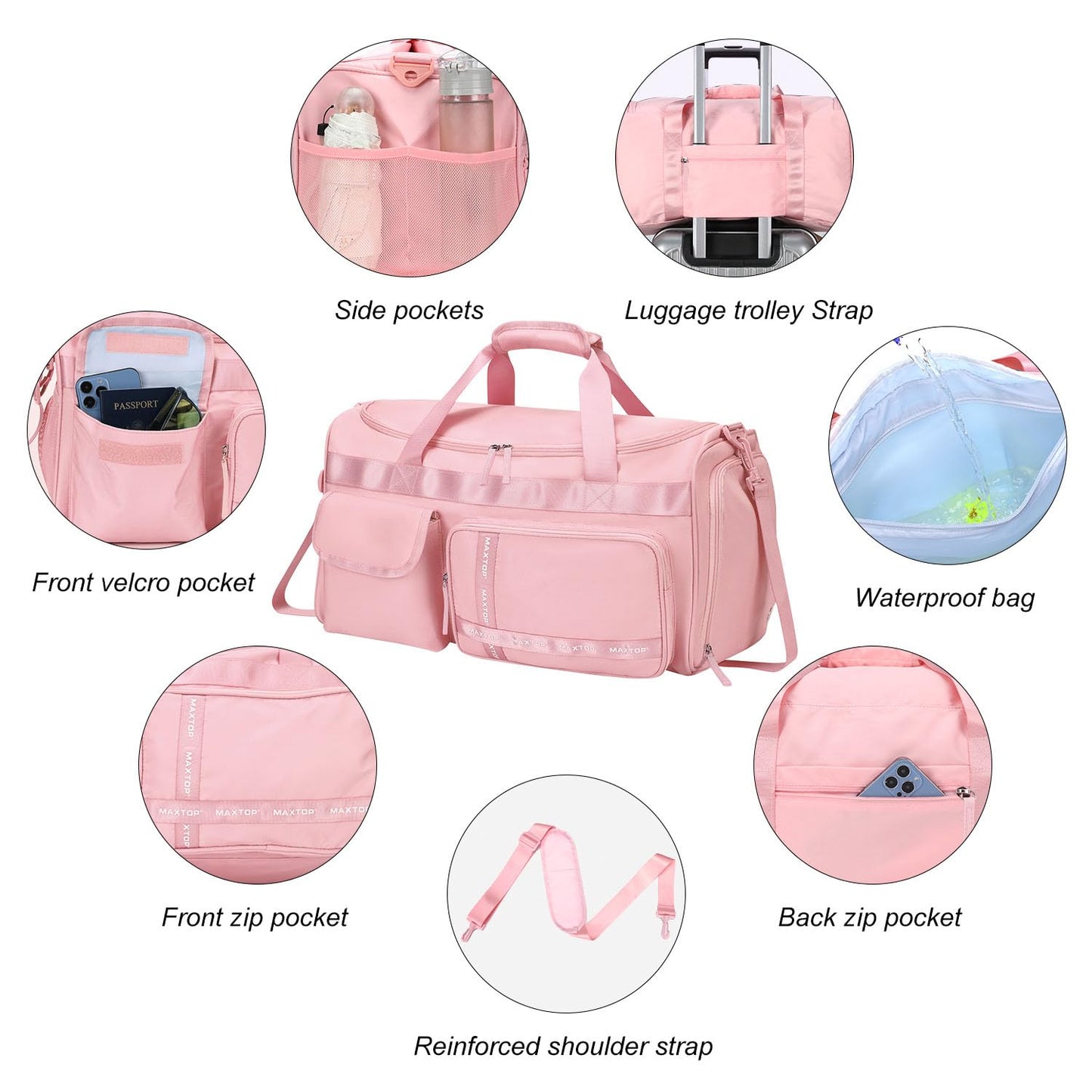 MAXTOP Travel Duffle Bag for Women Carry On Tote Weekender Overnight Bag Large Capacity Duffel Bag With Shoe Compartment,Pink Gym Bag with Dry and Wet Separation