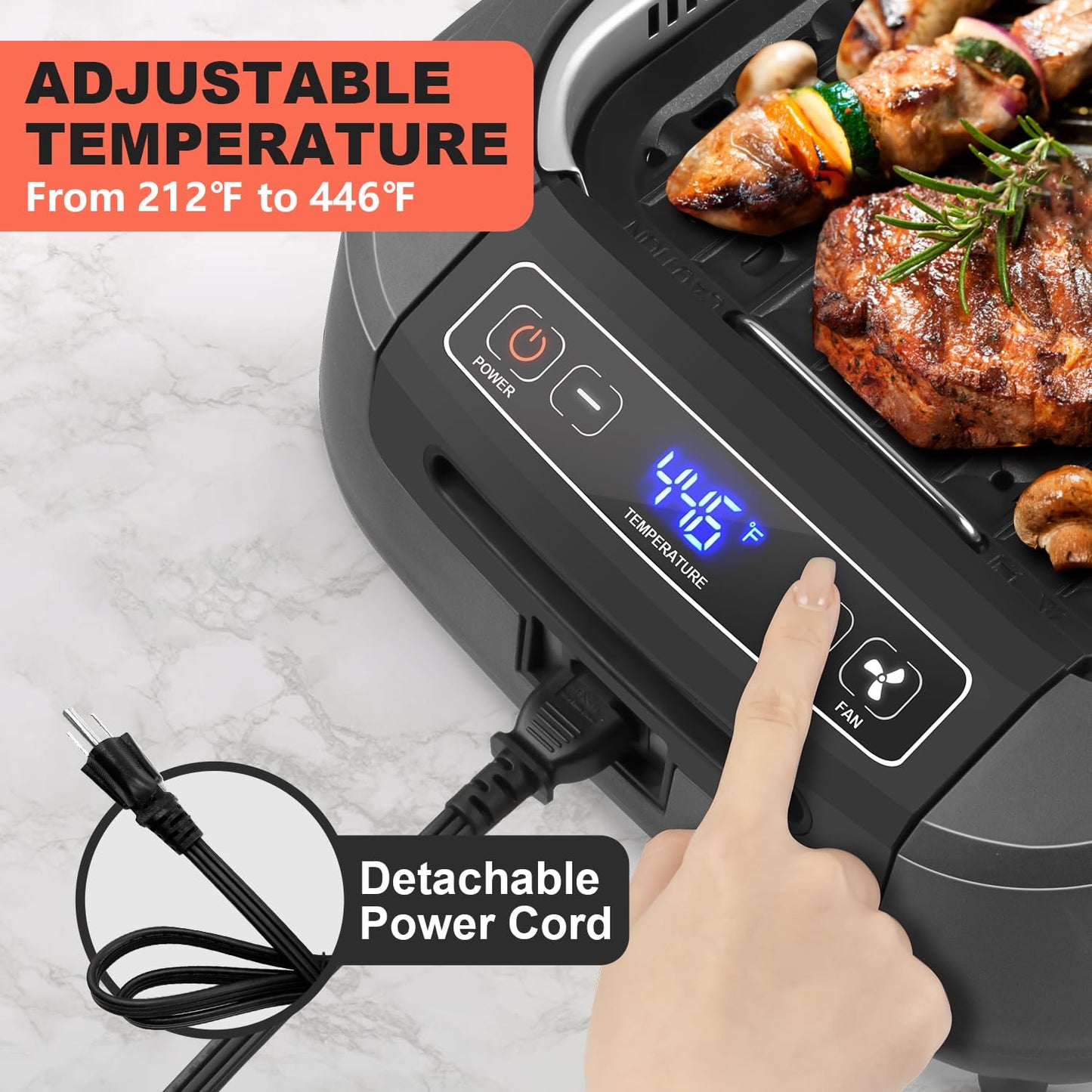 CUSIMAX Smokeless Grill, Electric Indoor Grill, 1500W Korean BBQ Grill with Non-stick Removable Grill/Griddle Plate, LED Smart Display & Tempered Glass Lid, Grey