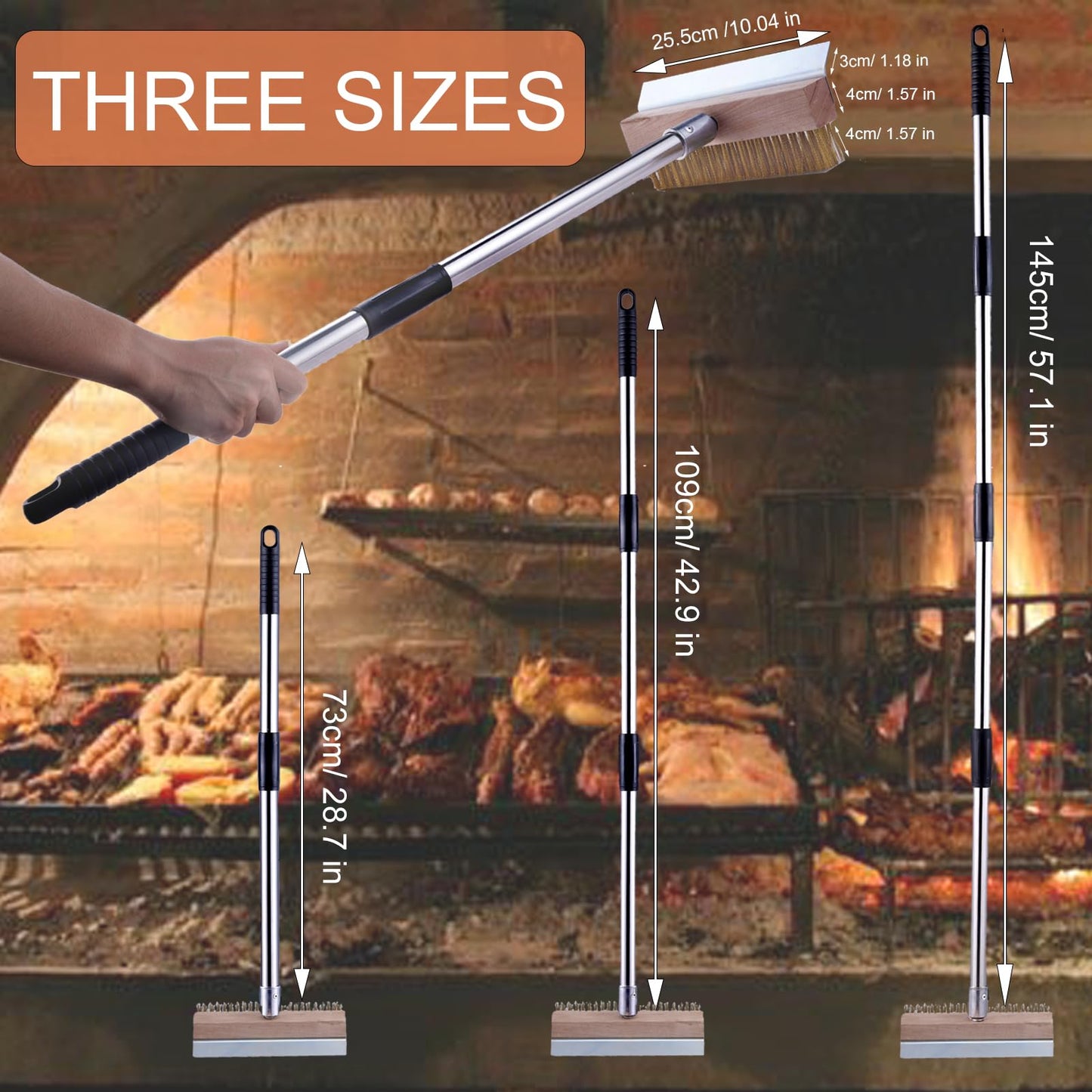 LAKIDOGS Aluminum Pizza Oven Brush, Grill Brush, Wire Brushes, with Scraper and 4 Sections of Detachable Long Rod Design for Commercial Cleaning, Kitchens, Restaurants, BBQ Shelf Or Any Grill