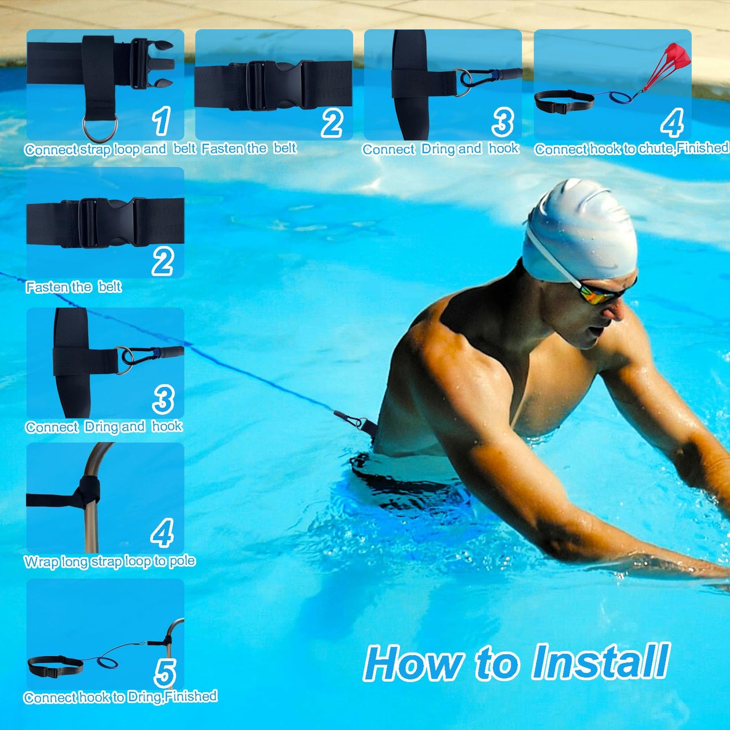 Swimming Resistance Training Set,Swimming Aquatic Resistance Belt,Swim Parachute,Pool Swim Harness Trainer,Stationary Swim Exercise Trainer Set, Swim and Pool Accessory