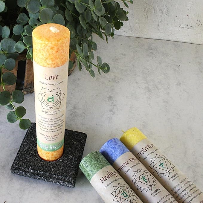 Premium Scented Candle Hand Made Chakra Energy Pillar | 4-pack | Protection, Manipura | Yoga, Prayer & Meditation Candle | Long Burn 15 Hours |Essential Oils of Bergamot, Lime & Grapefruit | Aloha Bay