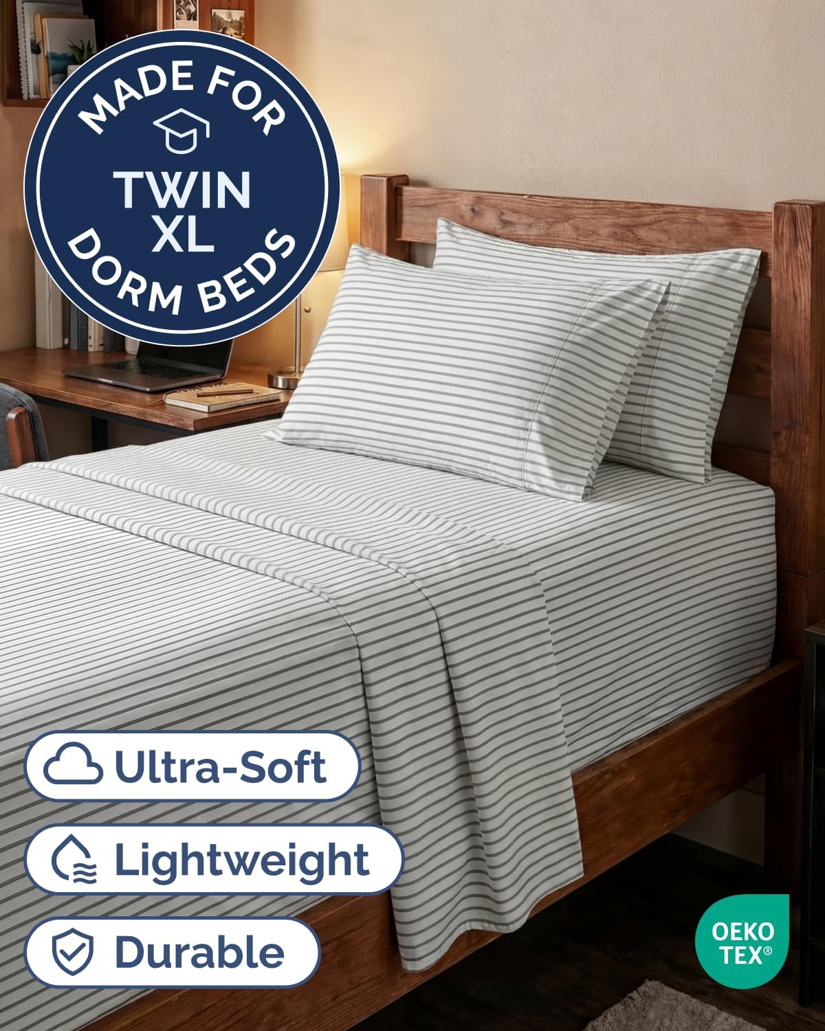 Skiennix Extra Deep Twin XL Sheet Set - 4 Piece Breathable Cooling Bedding - Soft Wrinkle-Free Grey Stripes
