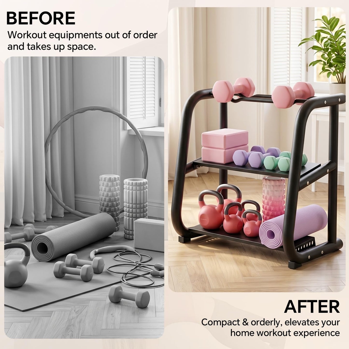 Home Gym Storage Rack, 3-Tier Heavy Duty Workout Equipment Organizer for Dumbbells, Kettlebells, Yoga Mats & Fitness Gear - Multi-Purpose Weight Rack for Garage and Home Gym Organization