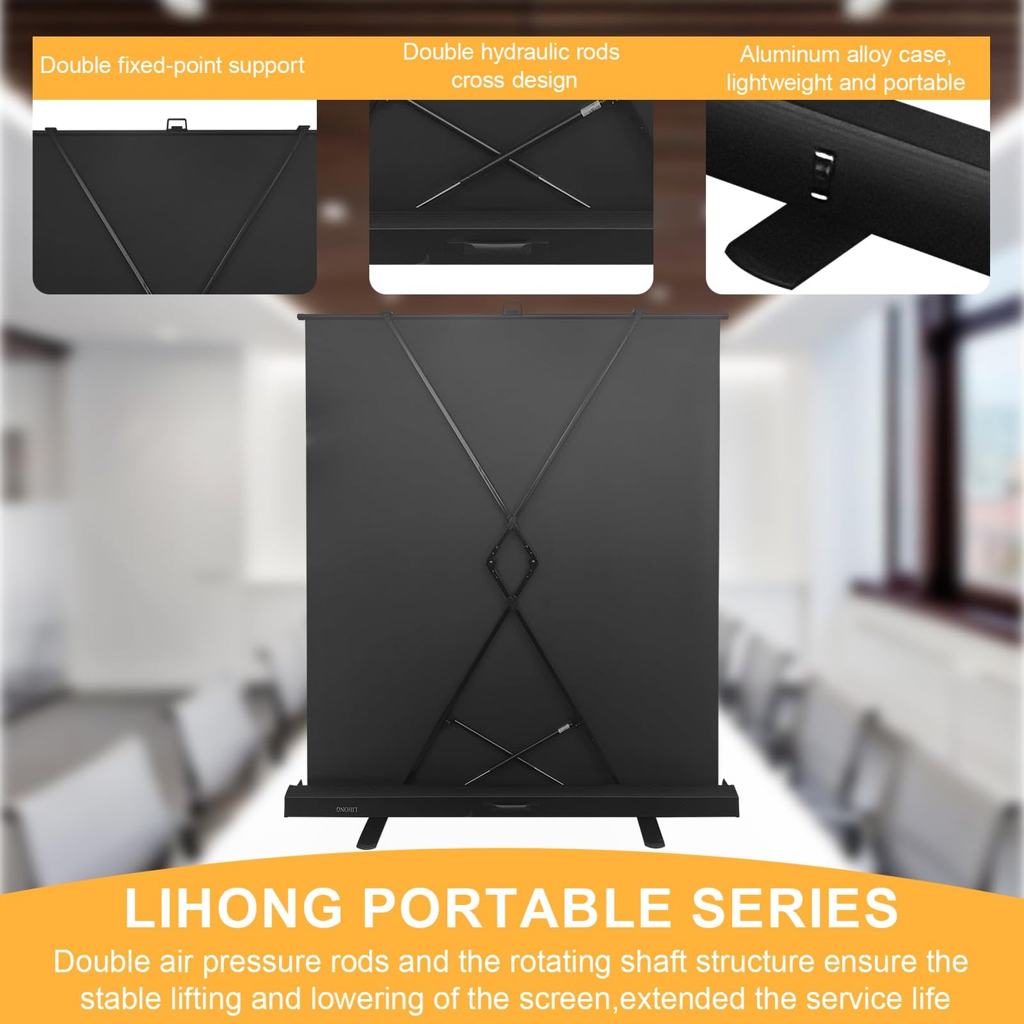 LIHONG Screen 80 inch 16:9 Manual Floor Rising Pull Up Projector Screen Portable Indoor & Outdoor 4K HD Matte White for Long Standard Projection Fast Setup for Home Theater Movies,Classroom,Office