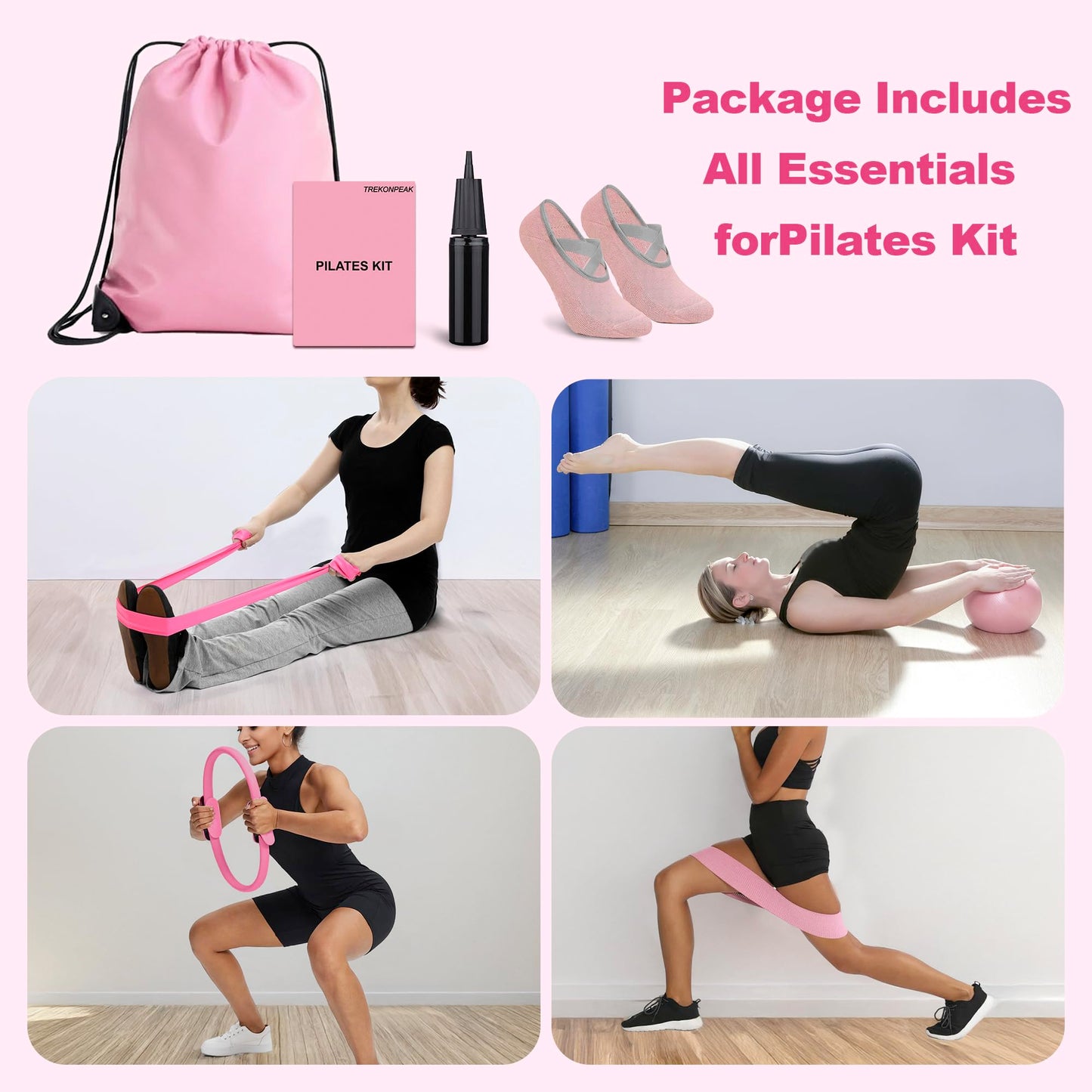 TREKONPEAK Home Pilates Kit, Pilates Workout Kit for Women, Pilates Equipment with Pilates-Ring and Ball Set, Multiple Resistance Bands, Socks (Pink)