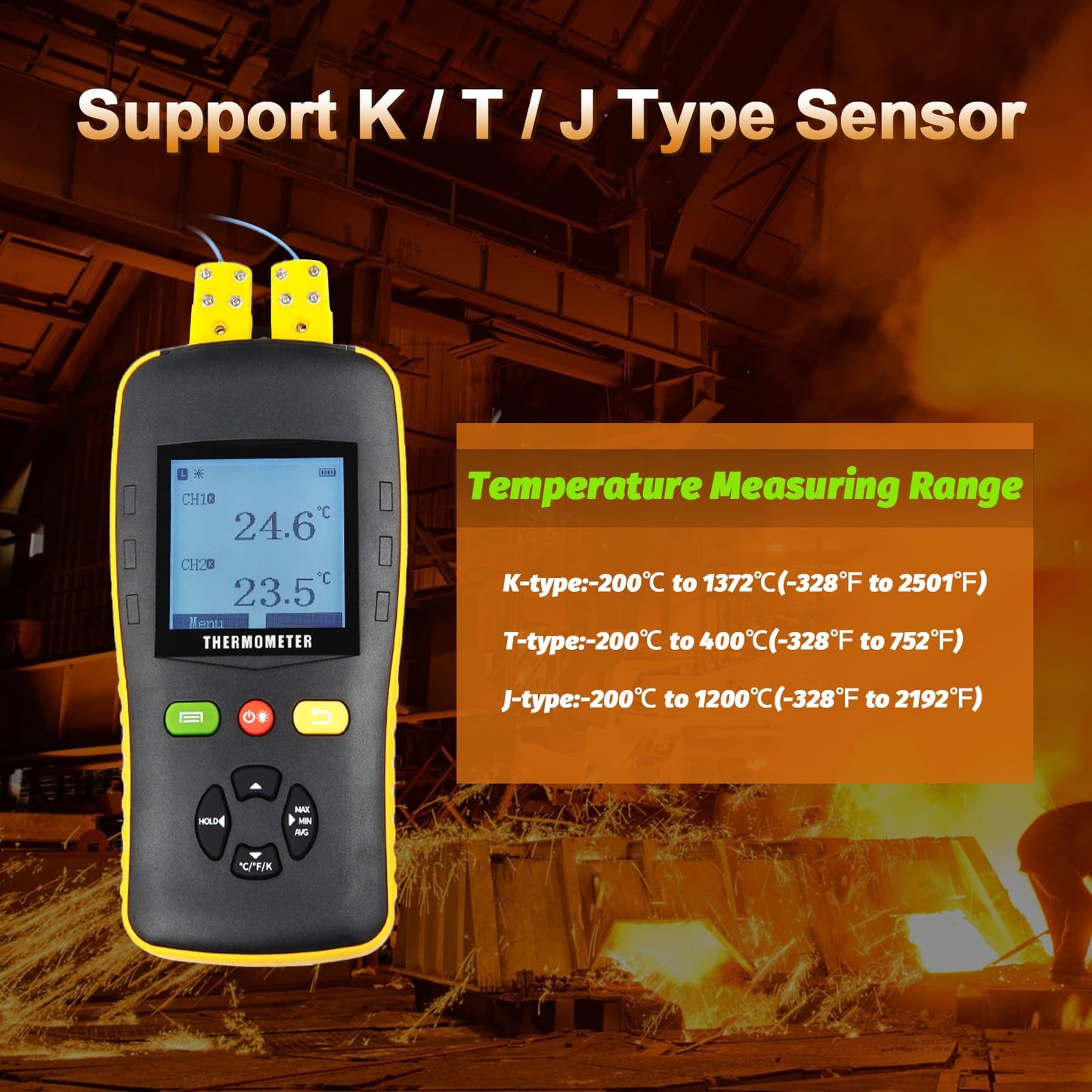 Tzone Thermocouple Thermometer Dual Probes Thermocouple Data Logger for K/T/J Sensor Dual Channel Temperature Datalogger USB, Digital Temp Recorder with 61440 Recordings for HVAC Lab Industrial Oven