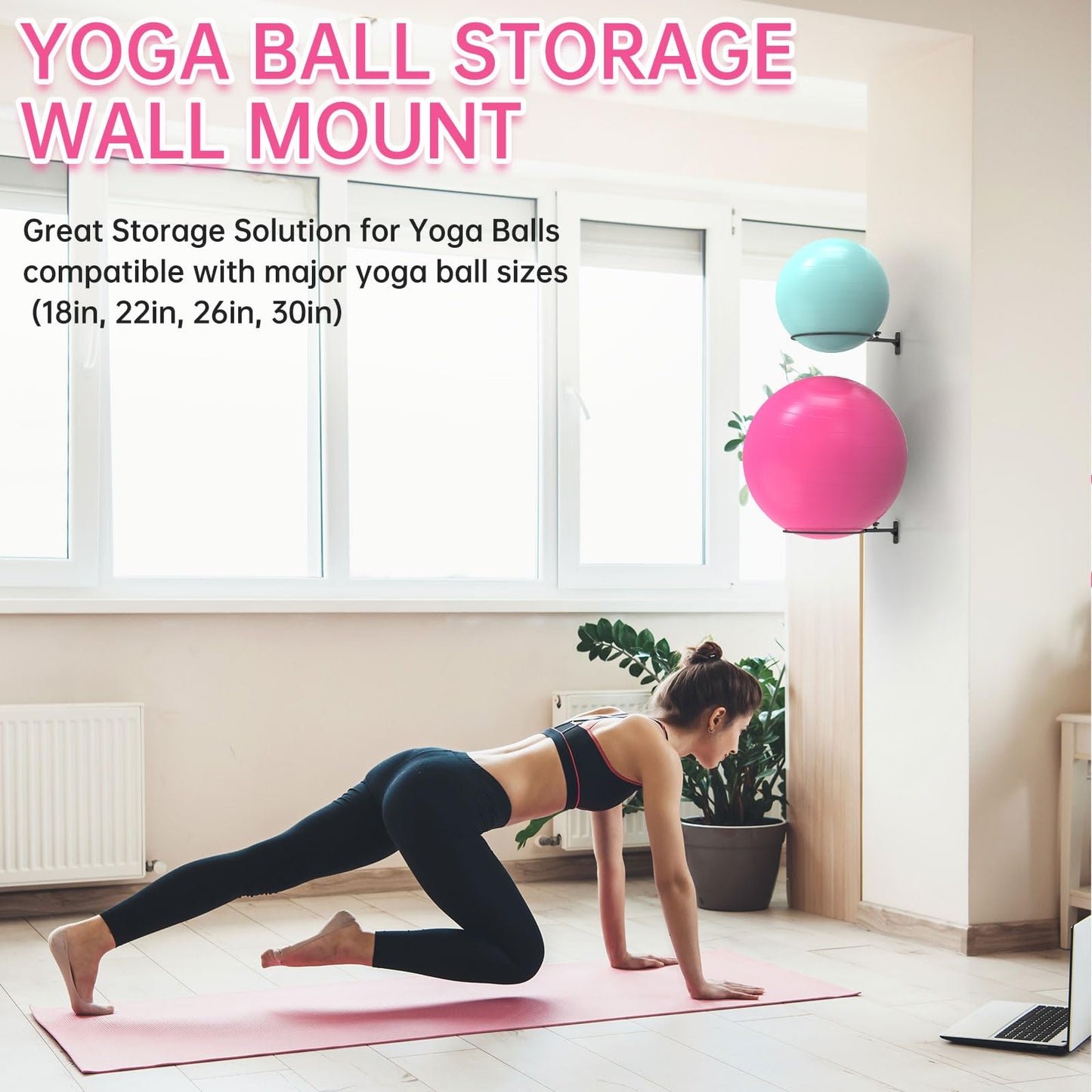 KOMOHOM Wall-Mounted Yoga Ball Holder, Black Metal, 12-Inch Diameter Ring, Universal Exercise Ball Storage Rack for 14-30 Inch Stability Balls(2PCS)