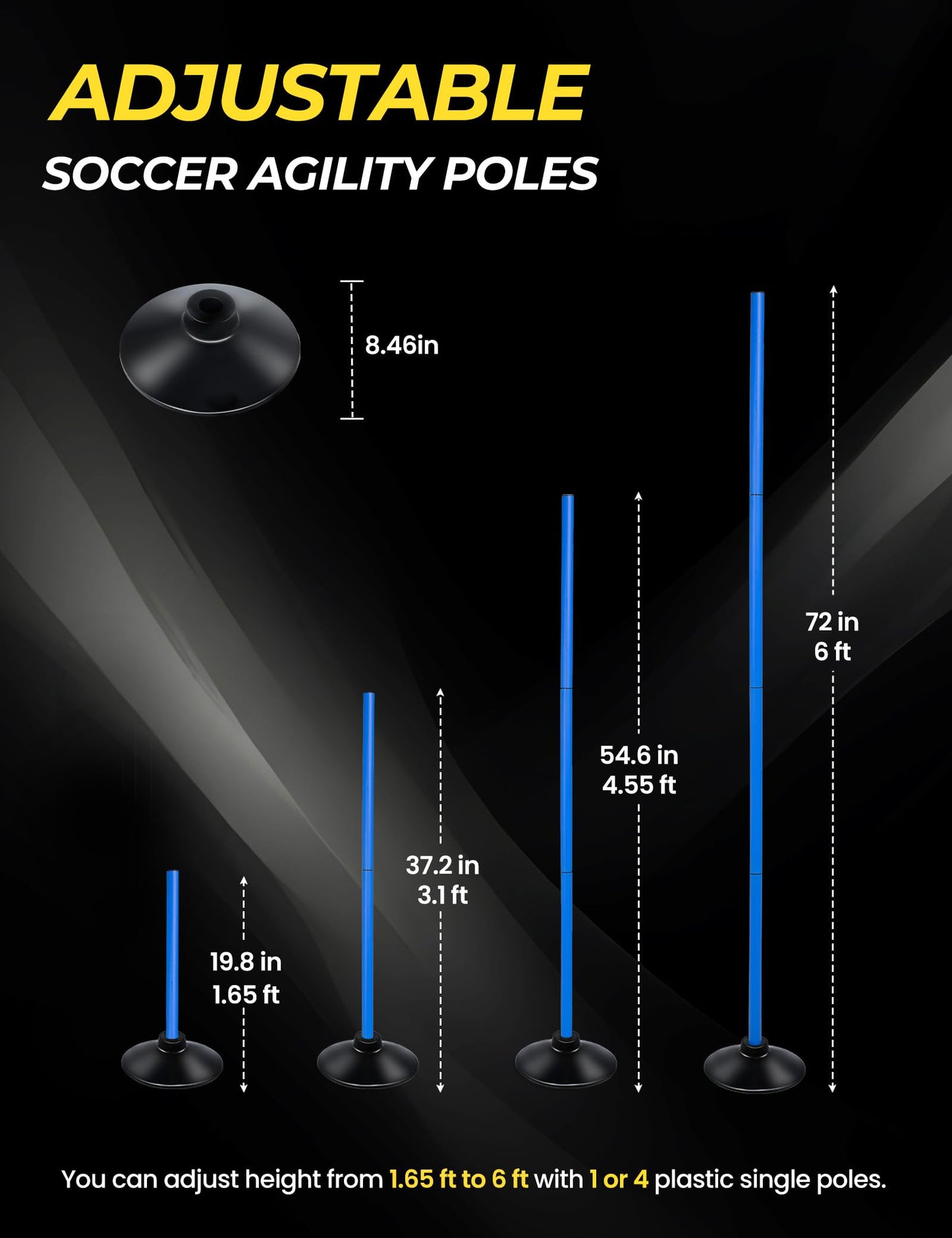SEAOTTER Soccer Agility Poles Set, 10Pcs 6FT Adjustable Sports Trainning Speed Poles Slalom Poles with Rubber Base, Agility Training Equipment for Football, Rugby, Basketball, Indoor & Outdoor