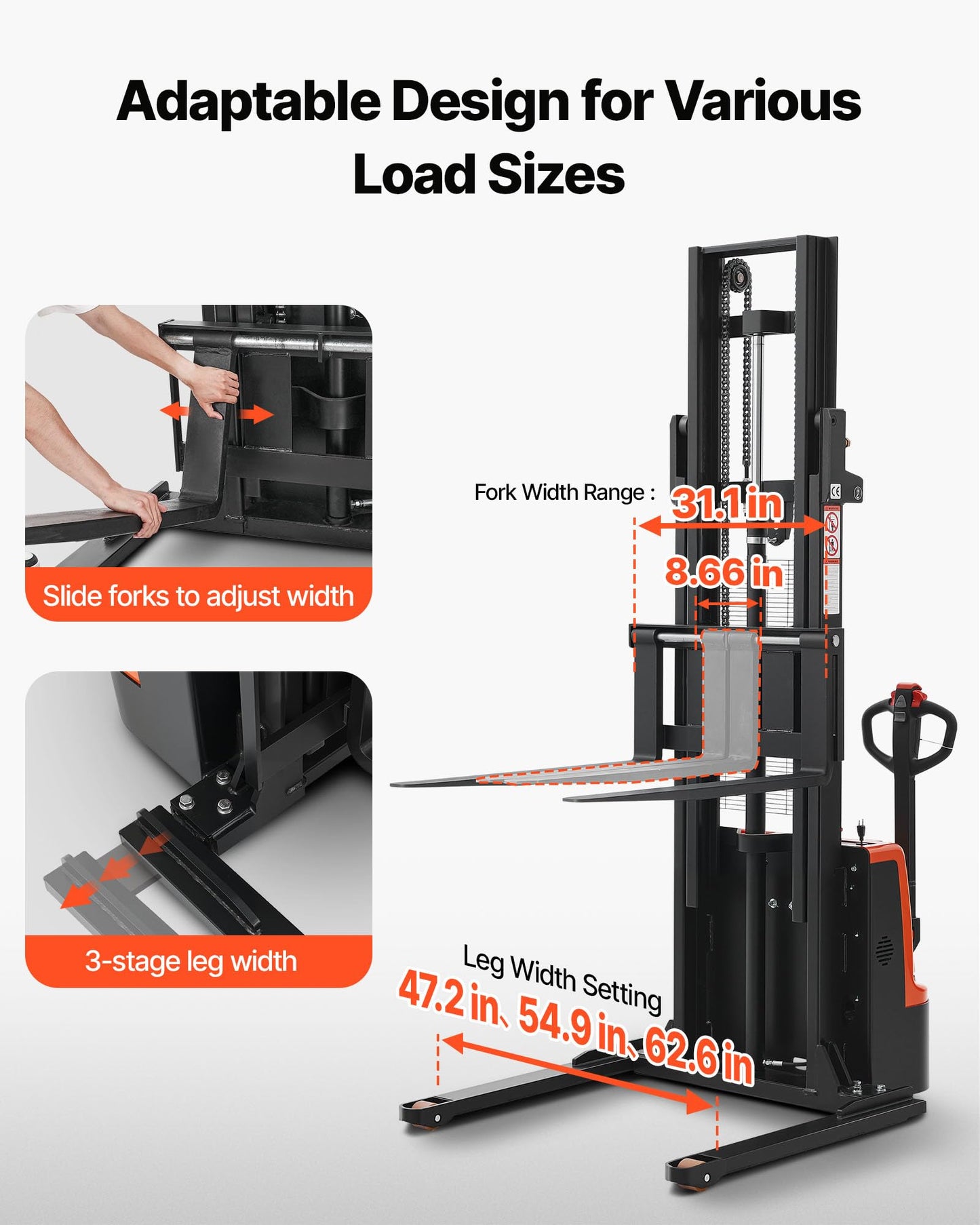 VEVOR Full Electric Pallet Stacker, 3300 lbs Capacity, 98.4'' Lifting Height, Pallet Lift Stacker Forklift with Straddle Legs & Forks, 8.66-31.1 Inches Adjustable Fork Width, Orange & Black