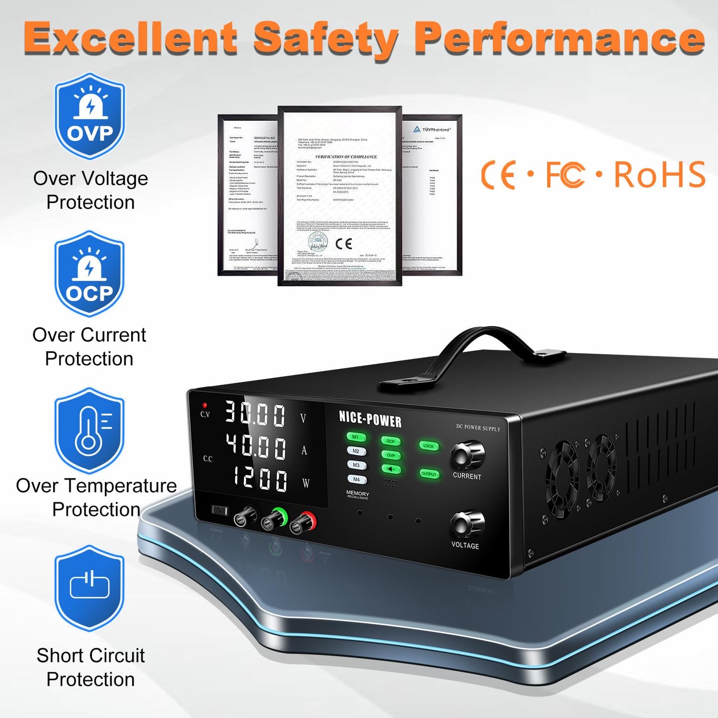 NICE-POWER DC Power Supply Variable, 30V 40A 1200W High Power Switching DC Regulated Bench Power Supply with Output Switch, OCP & OVP, Memory Function, Encoder Knob, 4-Digit LED Display, Lock Button