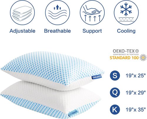EASELAND Shredded Memory Foam Pillows - Adjustable Fill Queen Size Set of 2 with Cooling Cover