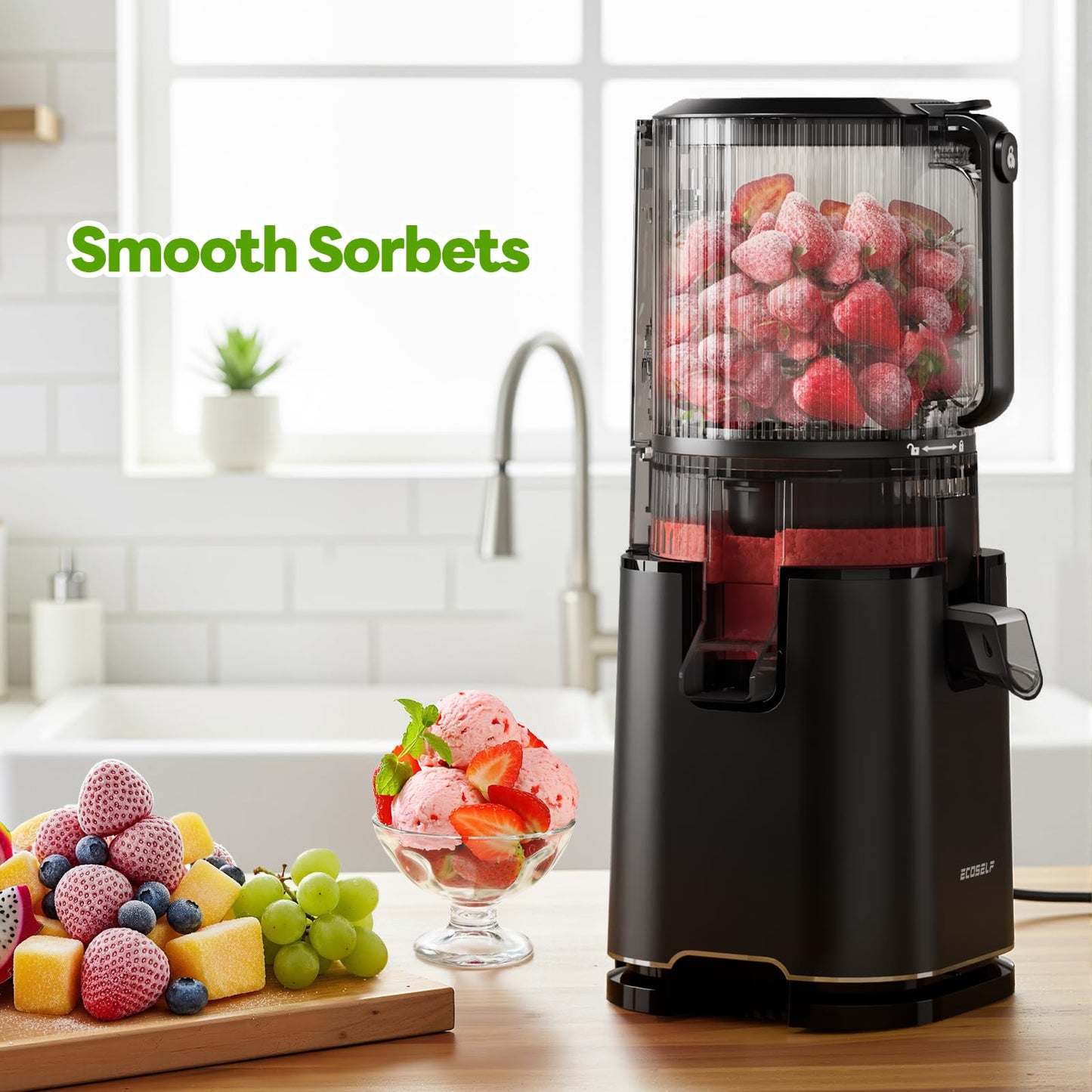 ECOSELF 3-in-1 Juicer with 3 Filters (Juice/Sorbet/Nut Milk), 6.0" Wide Mouth Hopper, Juicer Machines With Self Feeding & Hands-Free, Cold Press Juicer for Family Party, High Juice Yield, With Brush