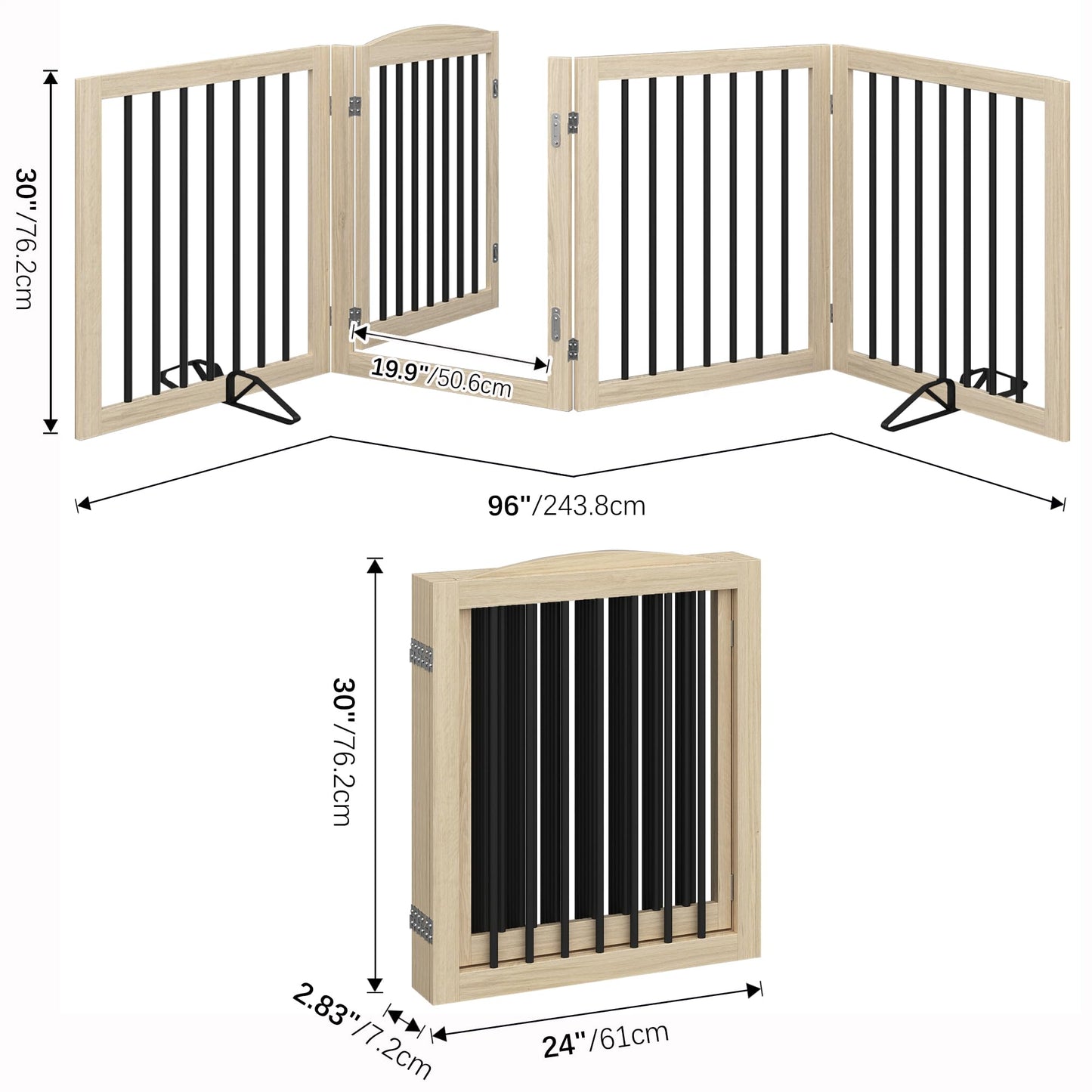 Vantas Folding Pet Gate 96" Wide, 30" Tall No-Assembly Wooden Dog Gate with Door Walk Through, Freestanding Puppy Safety Fence, with 2PCS Support - Natural White