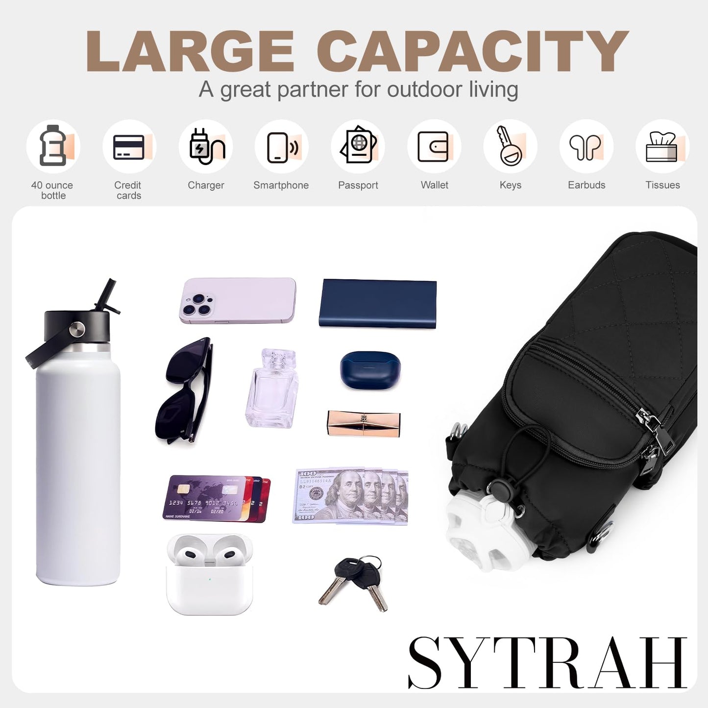 SYTRAH Water Bottle Carrier Bag with Strap, Water Bottle Purse with Phone Pocket 40oz, Insulated Crossbody Bags for Walking Hiking Black