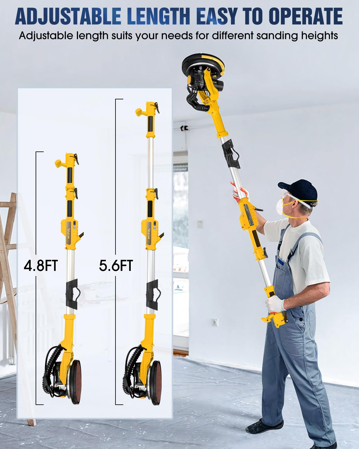MYTOL Drywall Sander, 7.2A Electric Drywall Sander with Vacuum Dust Collection, 6 Variable Speed 900-1800RPM, LED Light, Foldable & Extendable Handle, 9 Pcs Sandpaper&3 Pcs Grid Sandpaper, Full Green