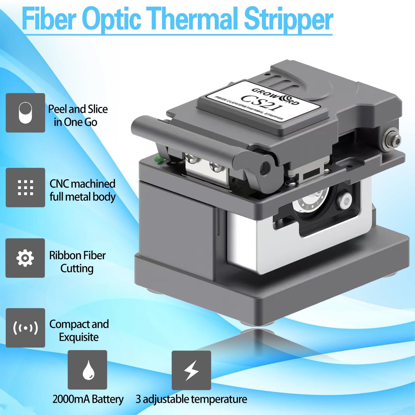 groword Optical Fiber Cleaver Handheld Fiber Optic Thermal Stripper for Ribbon or Simplex Fiber,2 in 1 Stripping and Cutting,Fiber Optic Hot Stripper, Automatic Heating Stripping Tool for 1-12 Strands