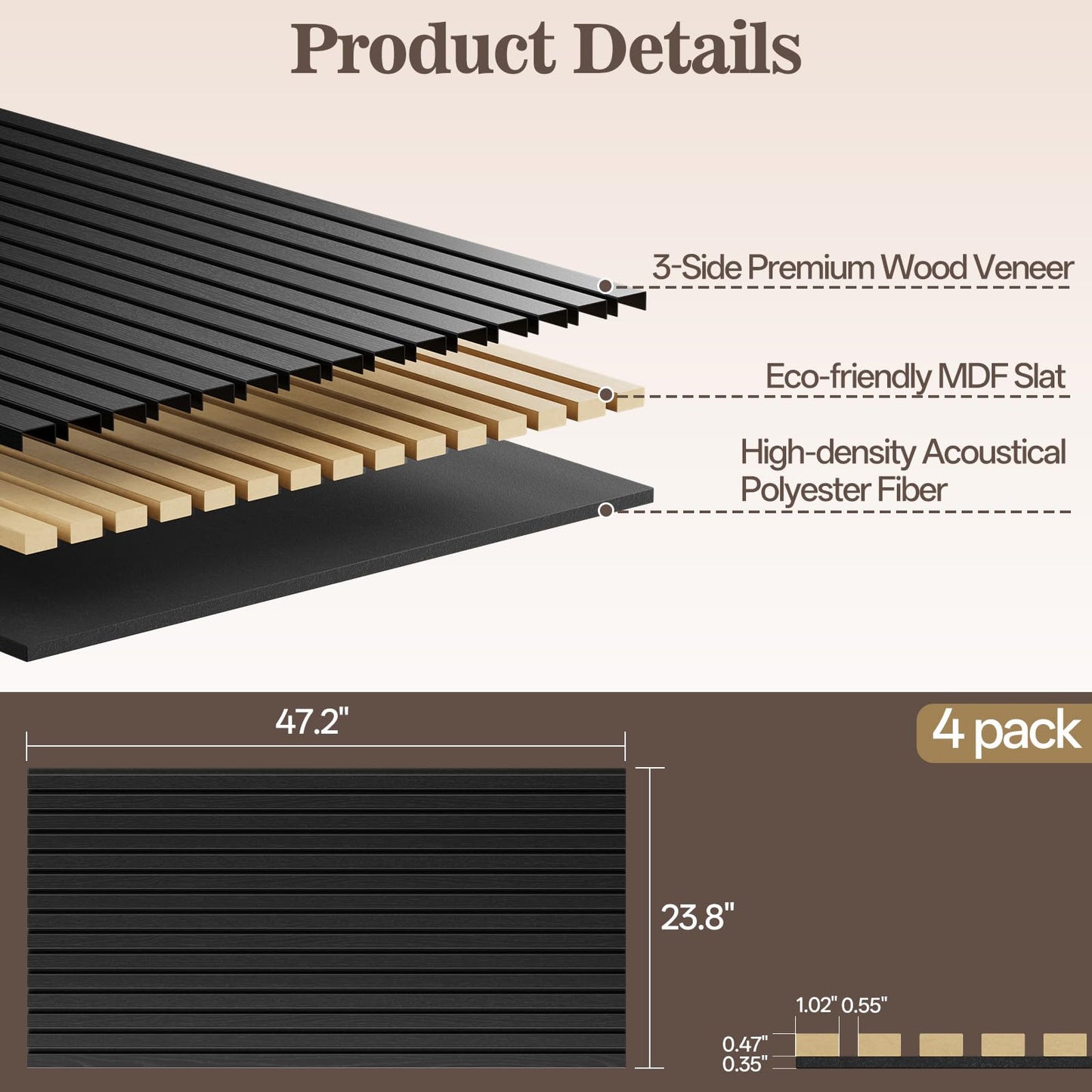 4 Pack Wood Panels for Wall, 47.24" x 23.81" Acoustic Wood Slat Wall Panel for Interior Decor & Noise Reduction, Soundproof Wood Wall Panel, Sound Absorbing Wall Panels for Home Office Studio, Black