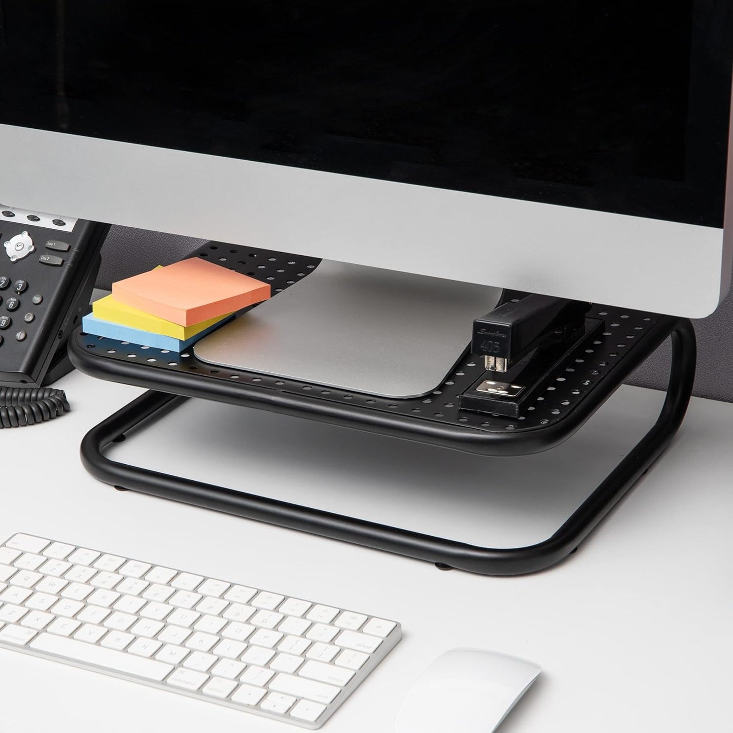 Set 2, 14.25"L 11"W 4.25"H, Mind Reader Monitor Stand, of Ventilated Laptop Riser, Desktop Organizer, Metal, x x Black