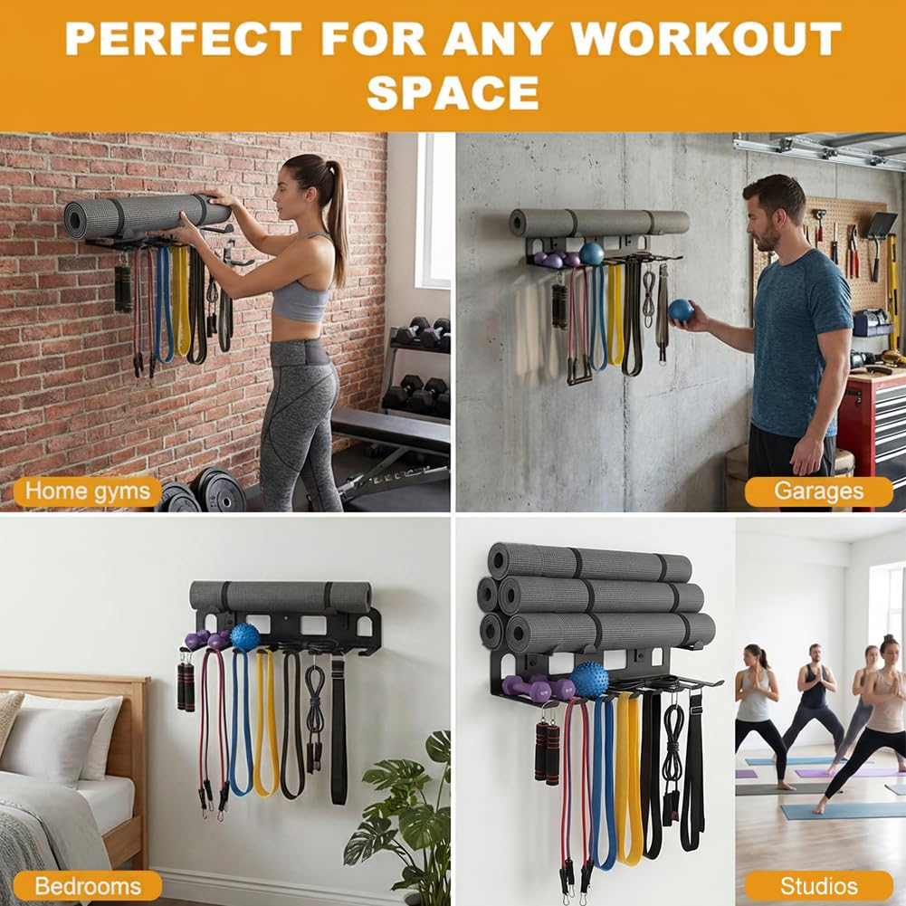 Wall Mounted Gym Equipment Storage for Resistance Bands, Yoga Mats, Jump Ropes & Weight Belts - Multi-Purpose Gym Equipment Storage Rack, Space-Saving Fitness Equipment Organizer