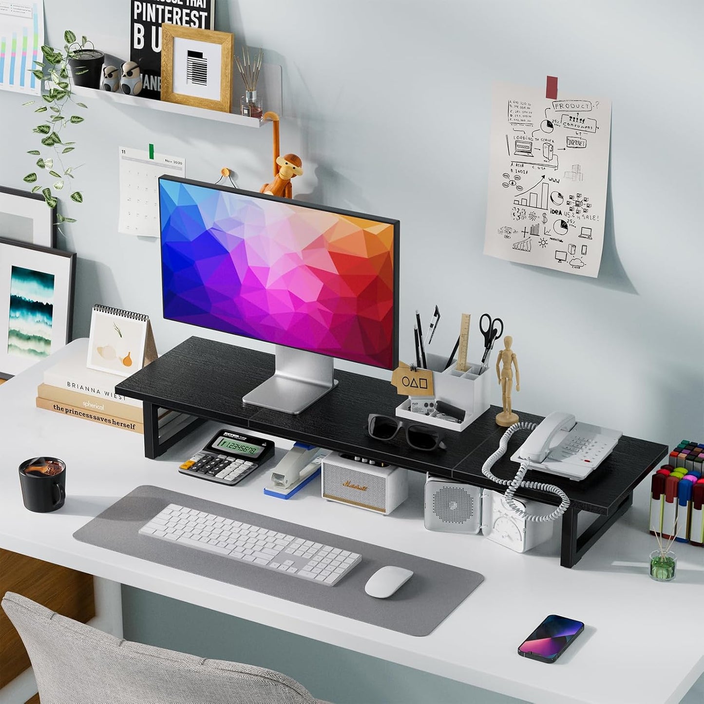 2 Simple Trending Desk Organizers and Accessories, Dual Monitor Stand Riser, Desk Shelf Wood Computer Rack