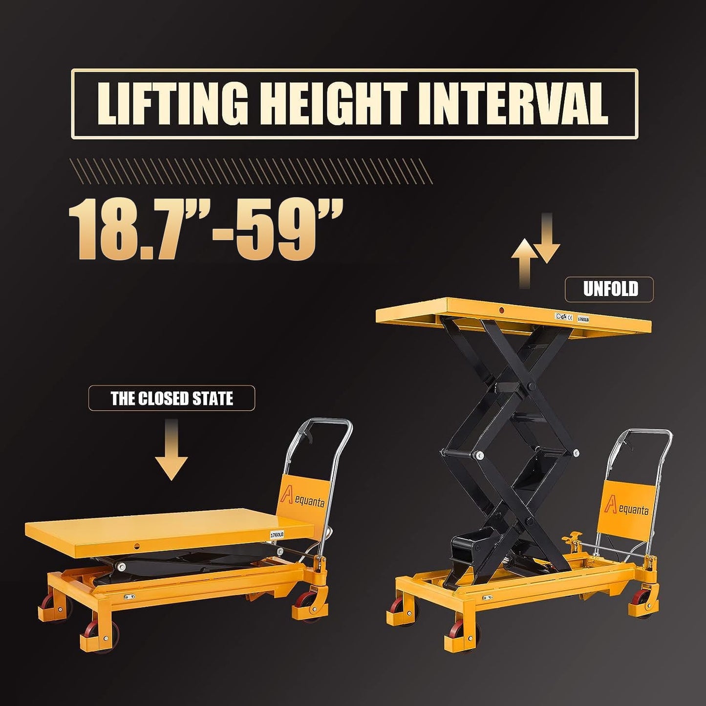 Aequanta Double Scissor Hydraulic Mobile Lift Table Multi-Function Platform Cart 59" Lifting Height 1760lbs Capacity Suitable for Handling Work