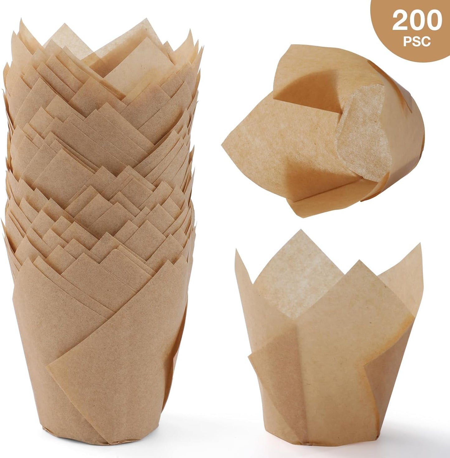 Skiennix Tulip Cupcake Liners - 200 Pcs Greaseproof Baking Cups for Parties & Events | Natural