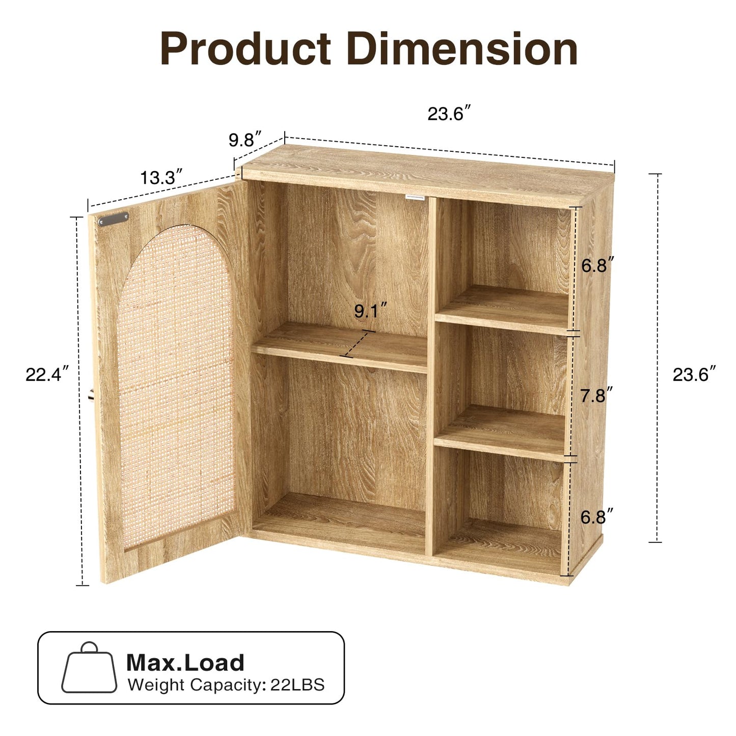 Rattan Bathroom Wall Cabinet with Door, Boho Medicine Wall Cabinets with Adjustable Shelves, Tall Kitchen Wall Mounted Storage Cabinet, Floating Hanging Cabinet Space Saver for Laundry Room, Natural