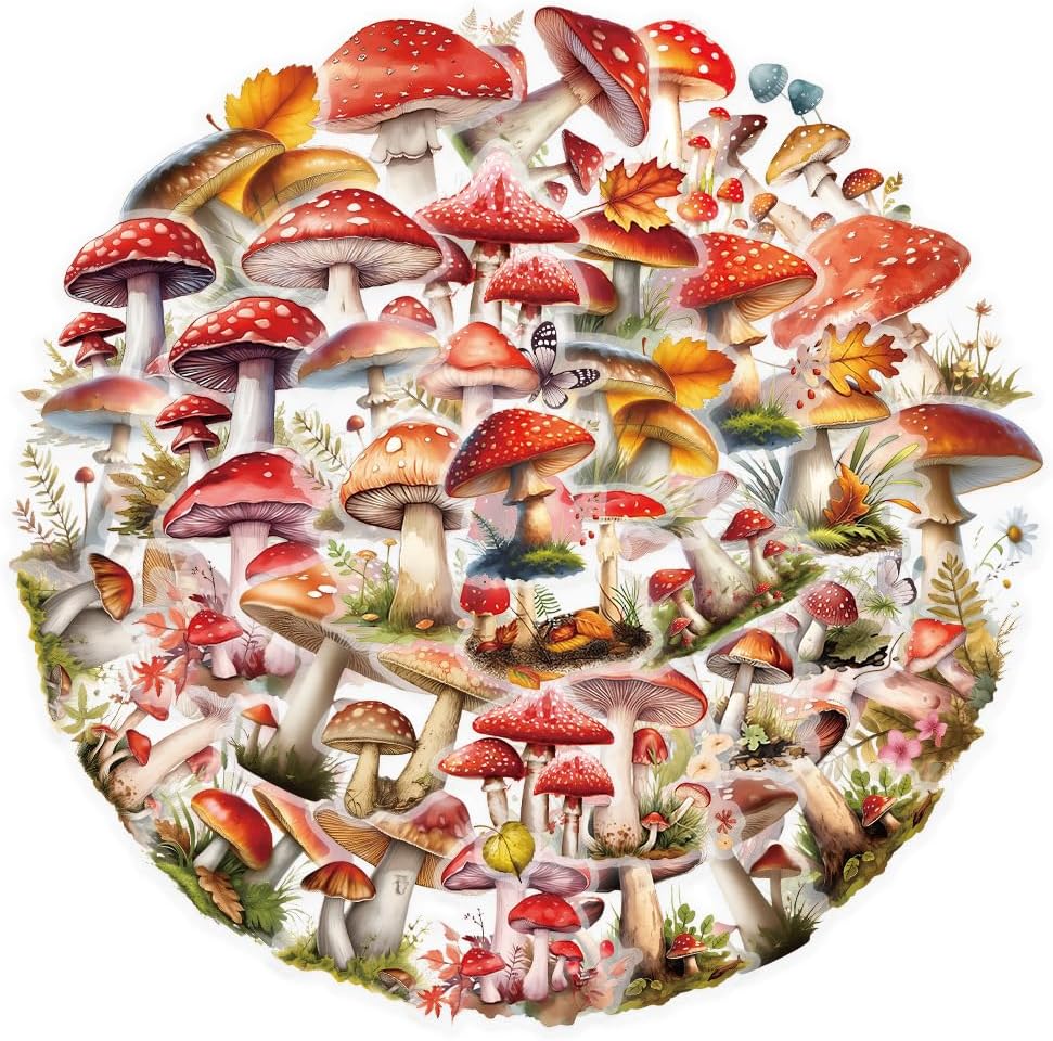 Mekycro Pack 50 Set Mushroom Stickers PCS, Botanical Aesthetic PET Waterproof Die-Cut Forest Mushroom Sticker for Water