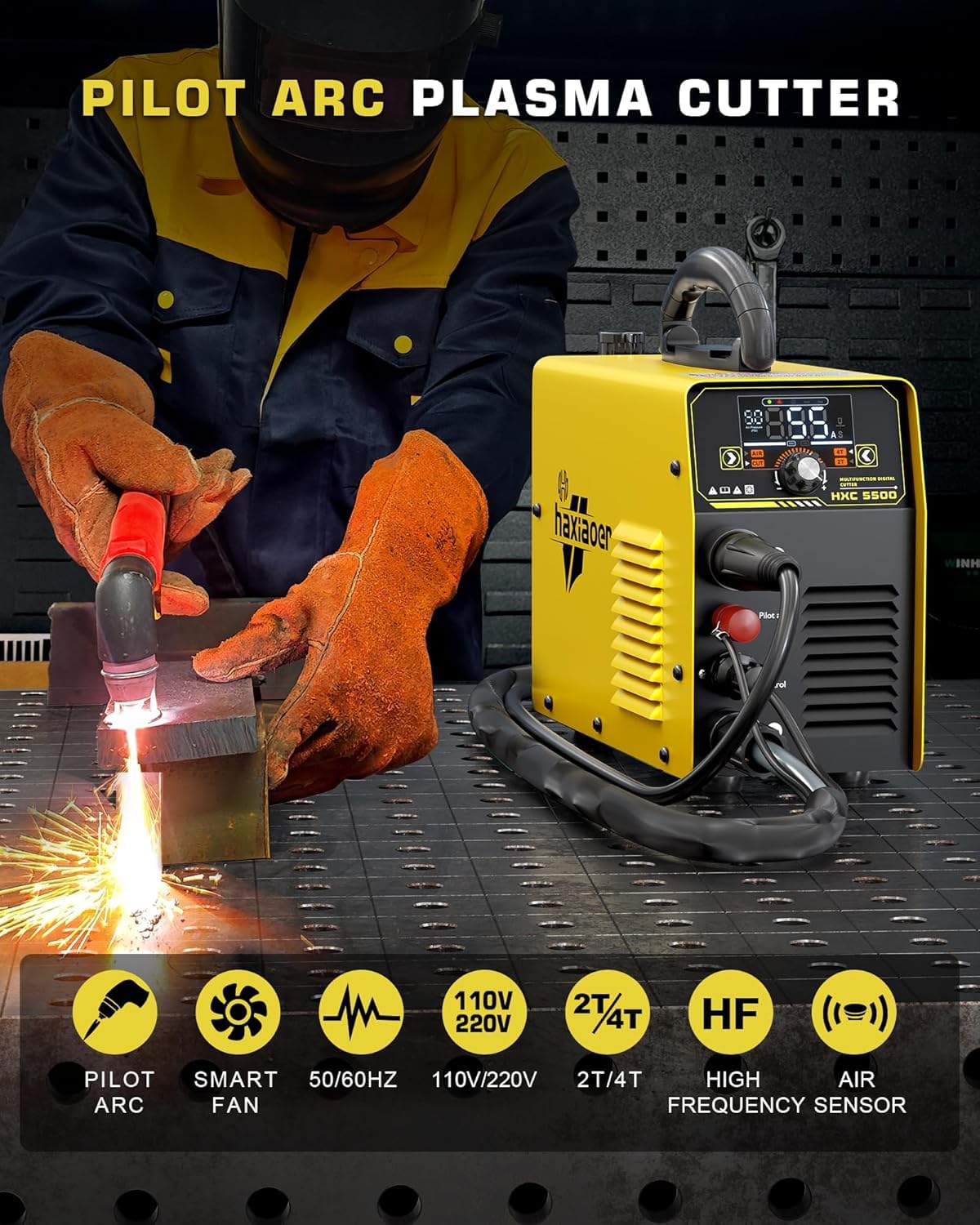 Plasma Cutter 55A with Large LED Display Non Touch Pilot Arc Plasma Cutter Machine Equipment Inverter Technology Dual Voltage 110V/220V 2T 4T Modes Maximum Cutting Thickness 3/4 Inch Clean Cuts