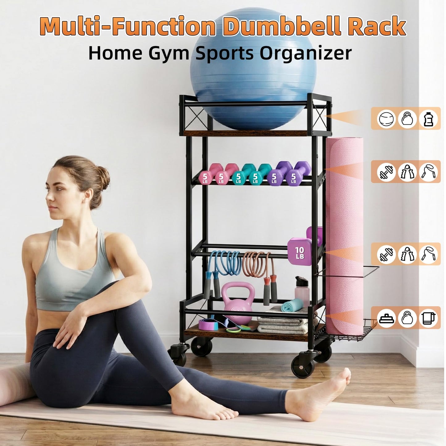 4 Tier Home Gym Storage Rack with Wheels, Yoga Mat Rack Small Dumbbell Weight Rack, Multi-Functional Wood Metal Gym Equipment Storage Rack Workout Cart for Women Kettlebell Fitness Organizer