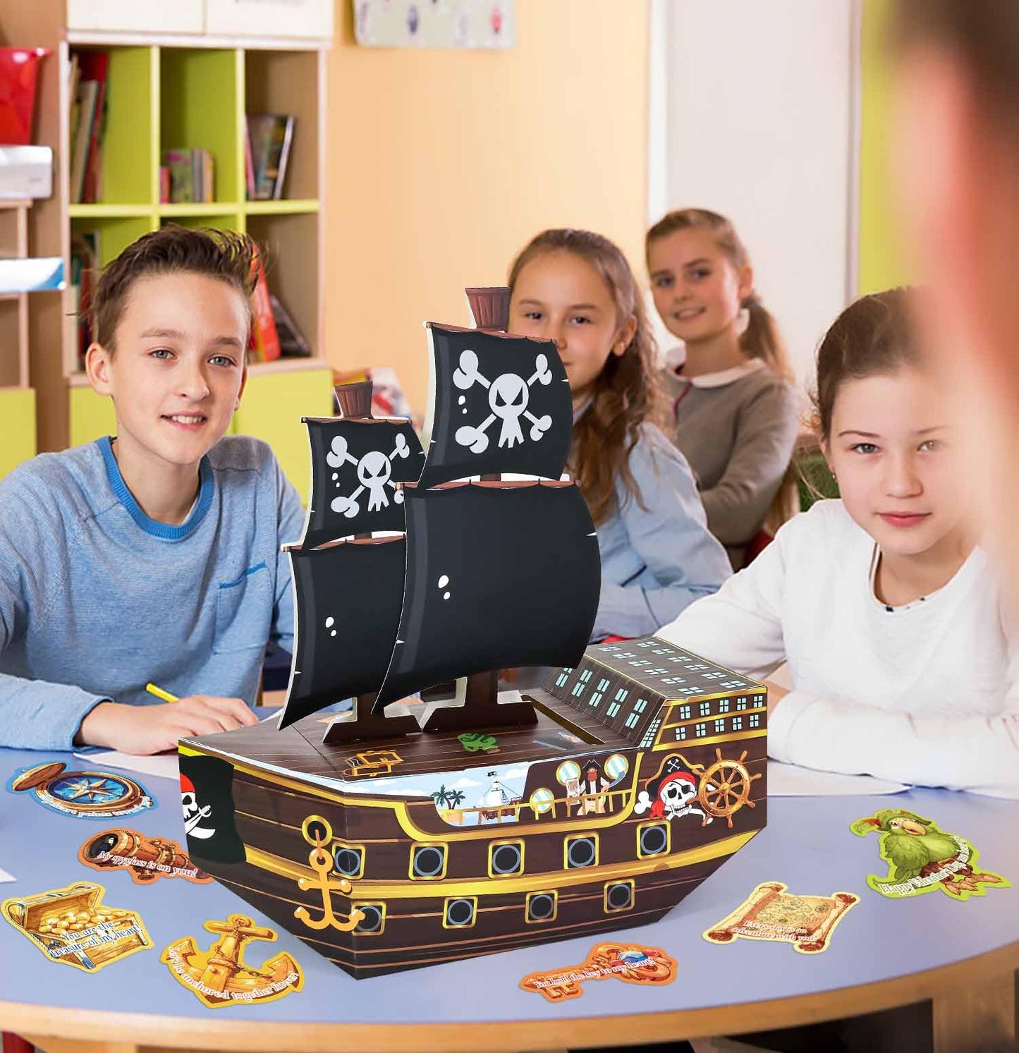 SietDESEO Pirate Ship Valentines Card Box Valentines Day Cards for Kids Boys Girls School Classroom Gift Exchange 3D Pirate Boat Valentine Mailbox with 35 Valentine Cards