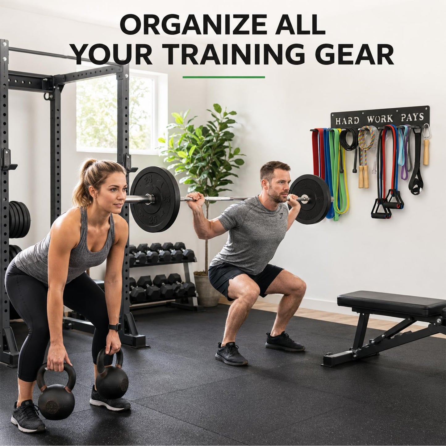 WIPHANY Home Gym Accessories Organization Storage Rack Equipment For Home 8 Hook Wall Hanger Display Gear Barbells Resistance Bands Jump Ropes Lifting Belt Hanger Accessories Hardware Included