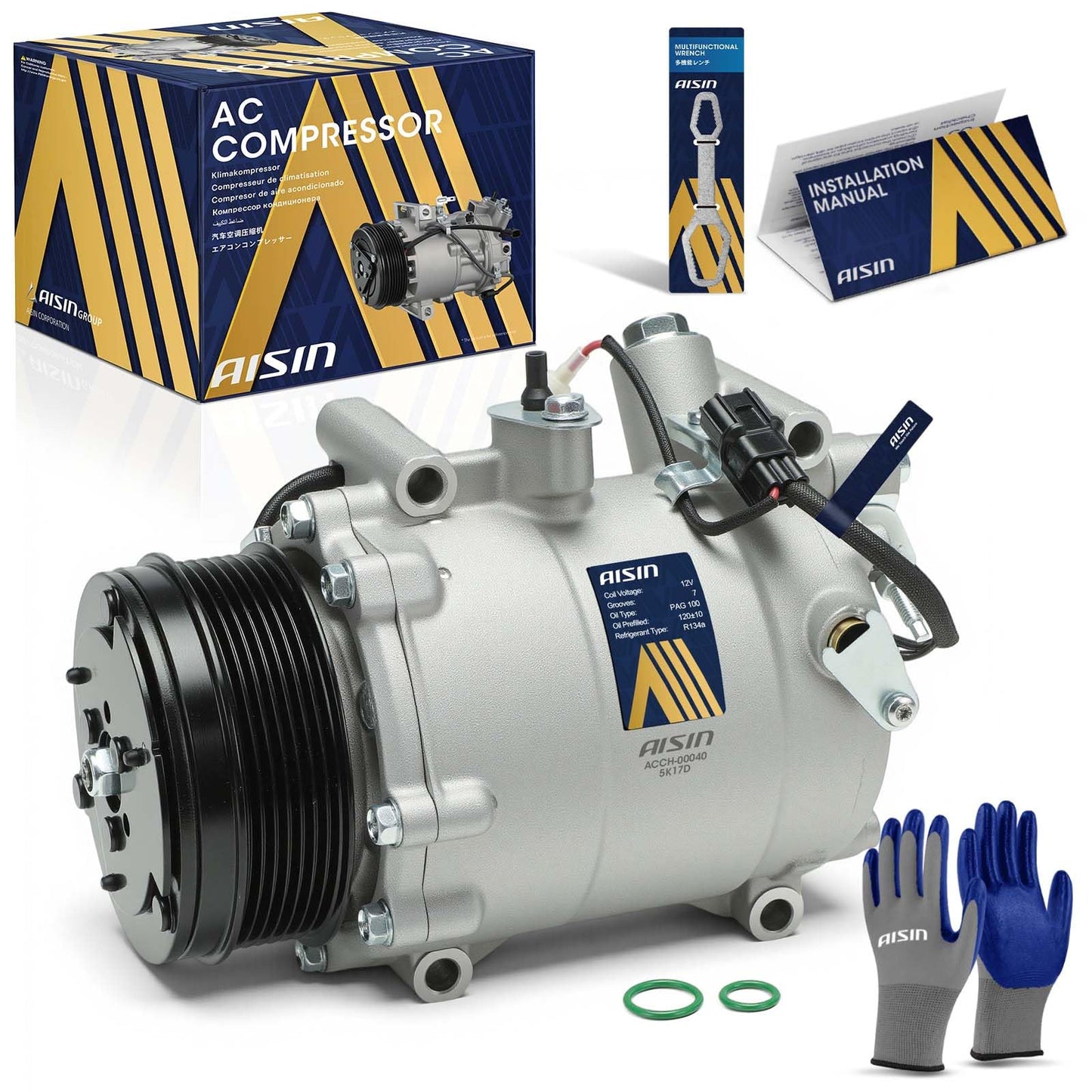AISIN AFTERMARKET ACCH-00040 Air Conditioner AC Compressor - Compatible with Honda CR-V 2007-2011 2.4L, Acura RDX 2007-2012 2.3L - with 7-Pulley Groove, with Clutch