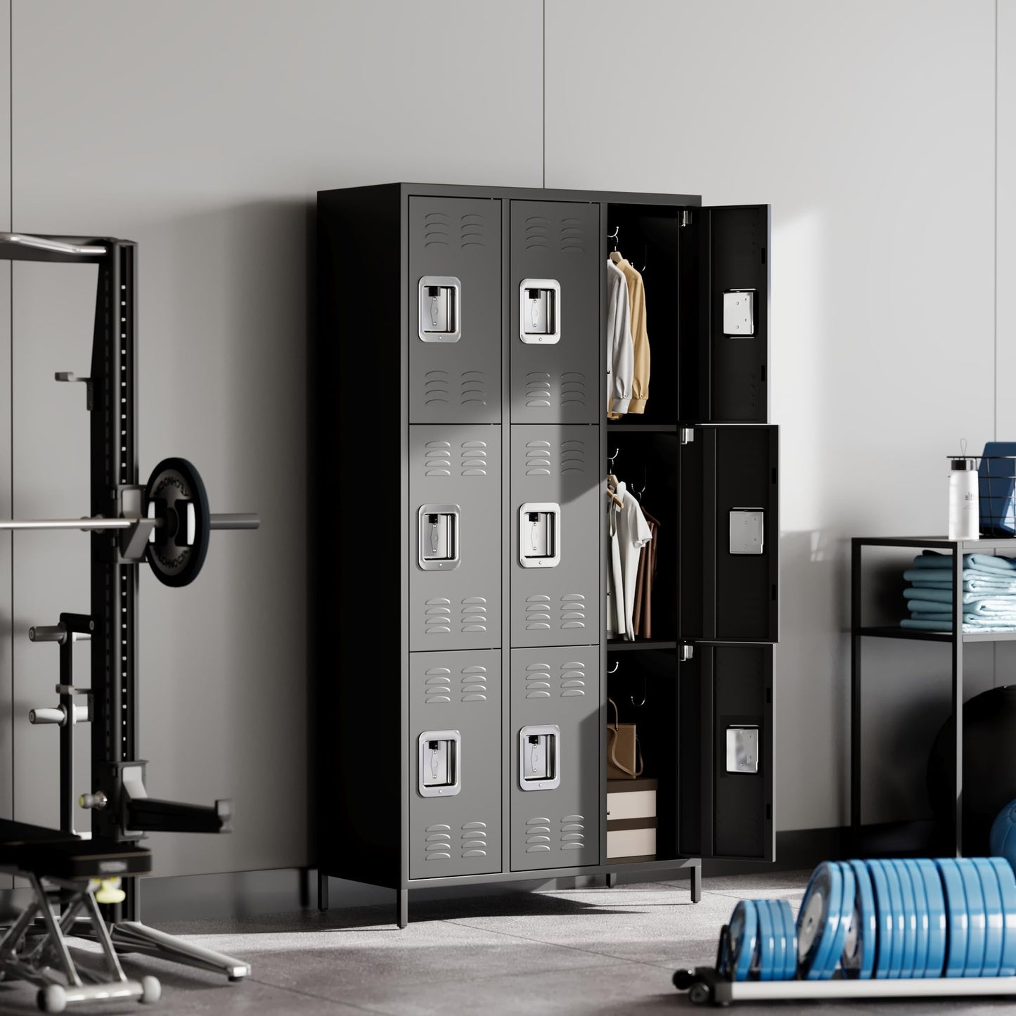GAOMON Locker for Employees, 9 Doors Locker Cabinet with Hooks, Storage Locker for Home, Office, Gym, School, Assembly Required, Black