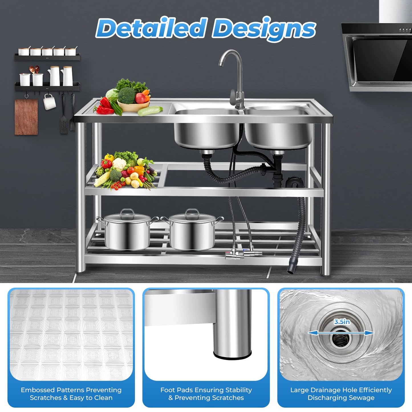 3 Compartment Commercial Grade Stainless Steel Utility Sink, Free Standing Laundry Tub with 2 Faucetse, 39x18x35.8 Inch Heavy Duty Kitchen Sink for Restaurant, Bar, Coffee Shop (2 Sink-2)