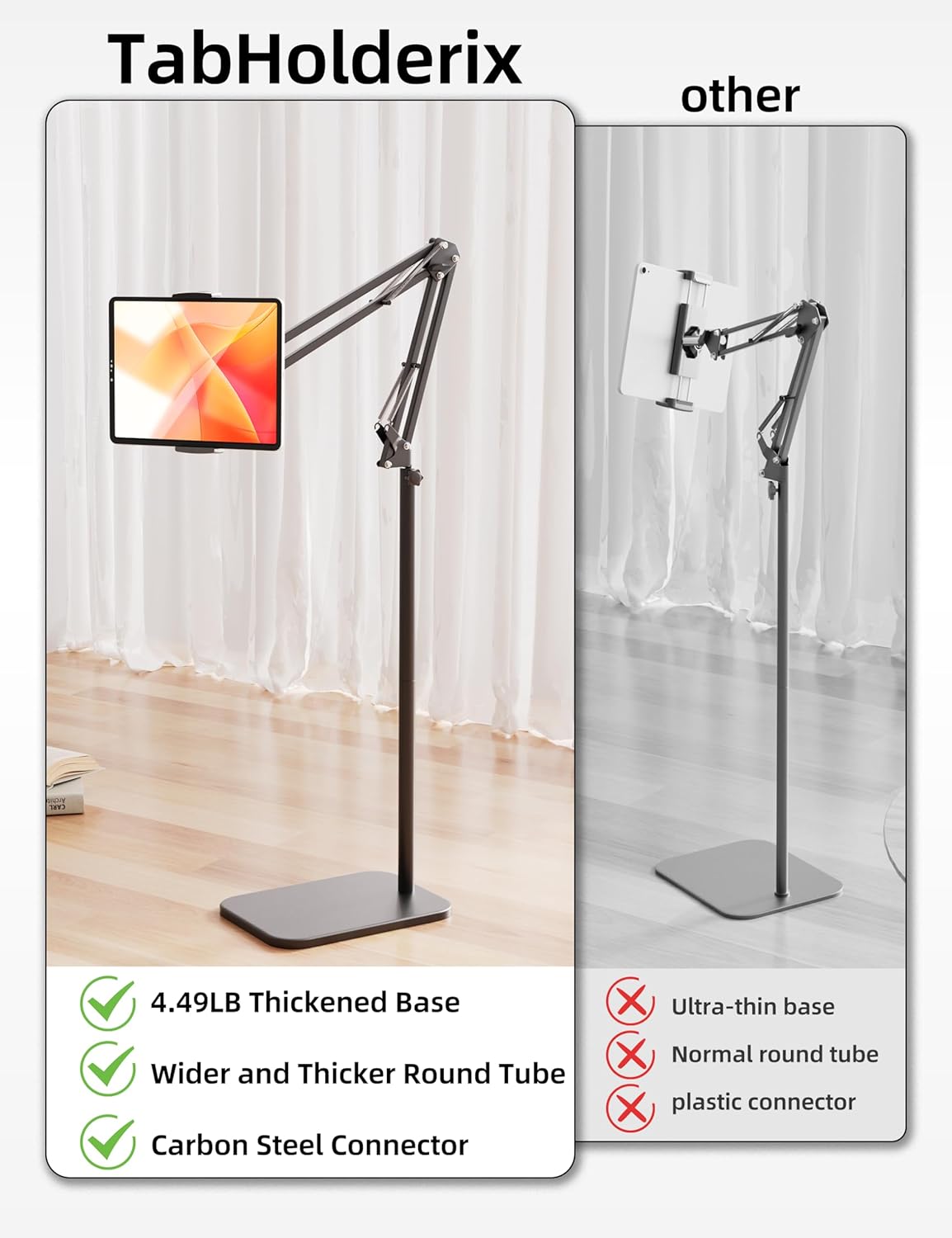 TabHolderix 4.5LB Tablet Floor Stand with Heavy Metal Base,Overhead Bed Phone Stand Angle Height Adjustable Holder