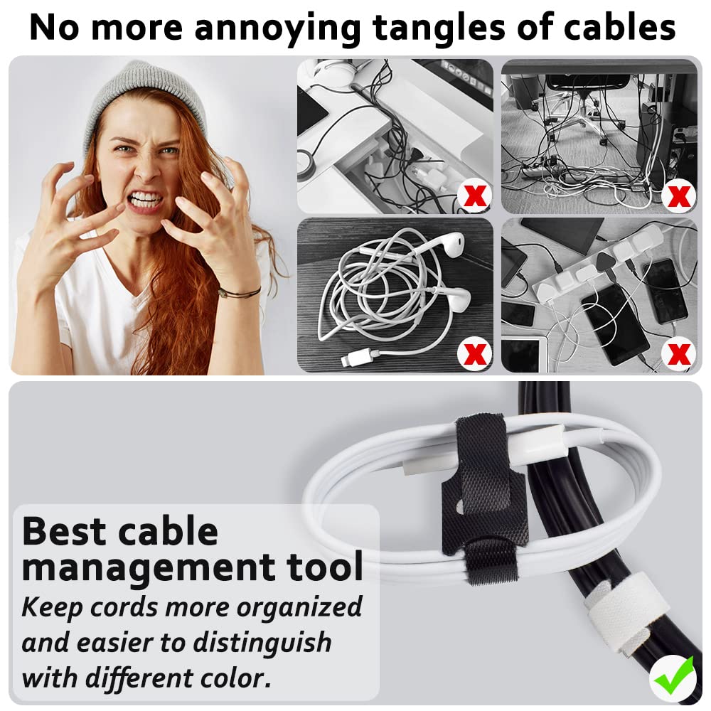 70pcs Cable Ties Reusable Black and White Wire Ties Cable Management Cord Ties Reusable for Electronics Hook and Loop Cable Ties for Computer 4 6 8 Inch