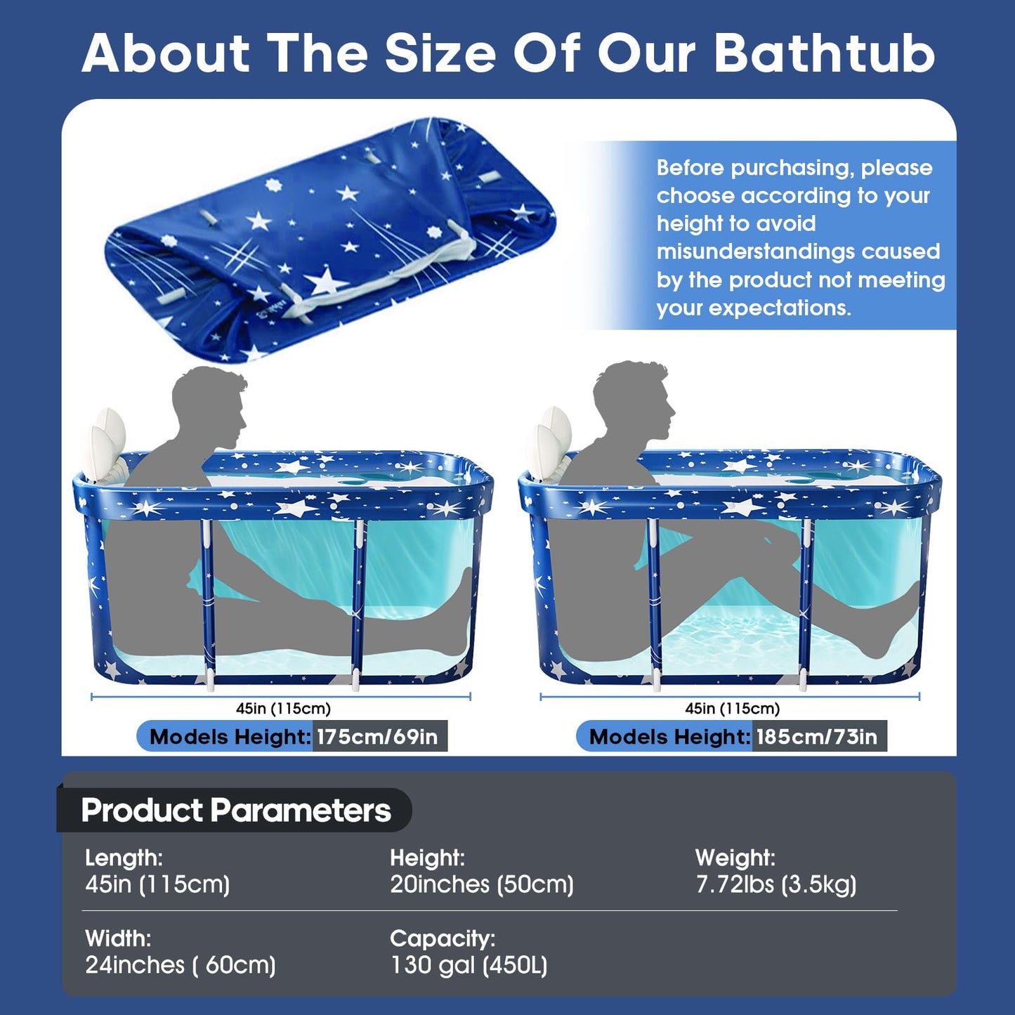 Portable Bathtub, Foldable Bathtub for Adults, Separate Family Bathroom SPA Therapy Tub for Shower Stall, Soaking Hot SPA and Ice Bath Tub, 45.3''x23.6''x19.7''