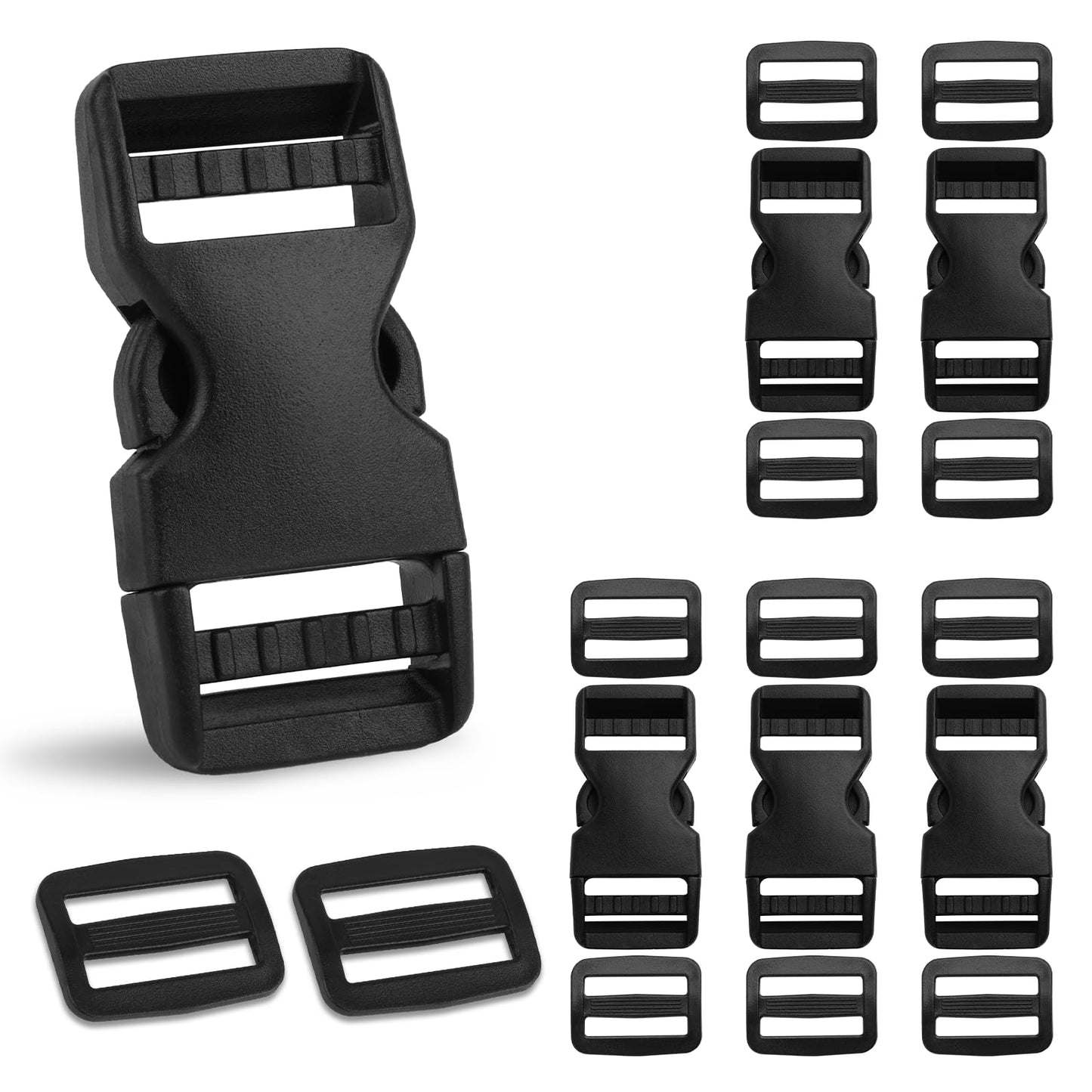 Mkobon 6 Set 1" Buckle Quick Release Buckle + 12 Pcs Strap Clips, Heavy Duty Side Release Buckle, Plastic Buckle Clips for Nylon Strap, Dog Collar Extender, Backpack Strap Replacement